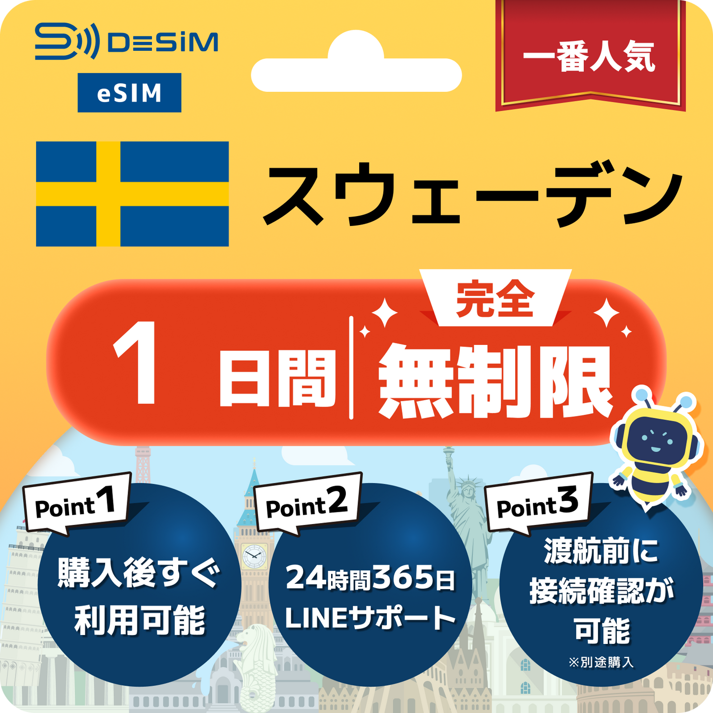 スウェーデン eSIM（1~30日間） 完全無制限eSIM 即日開通 テザリング対応