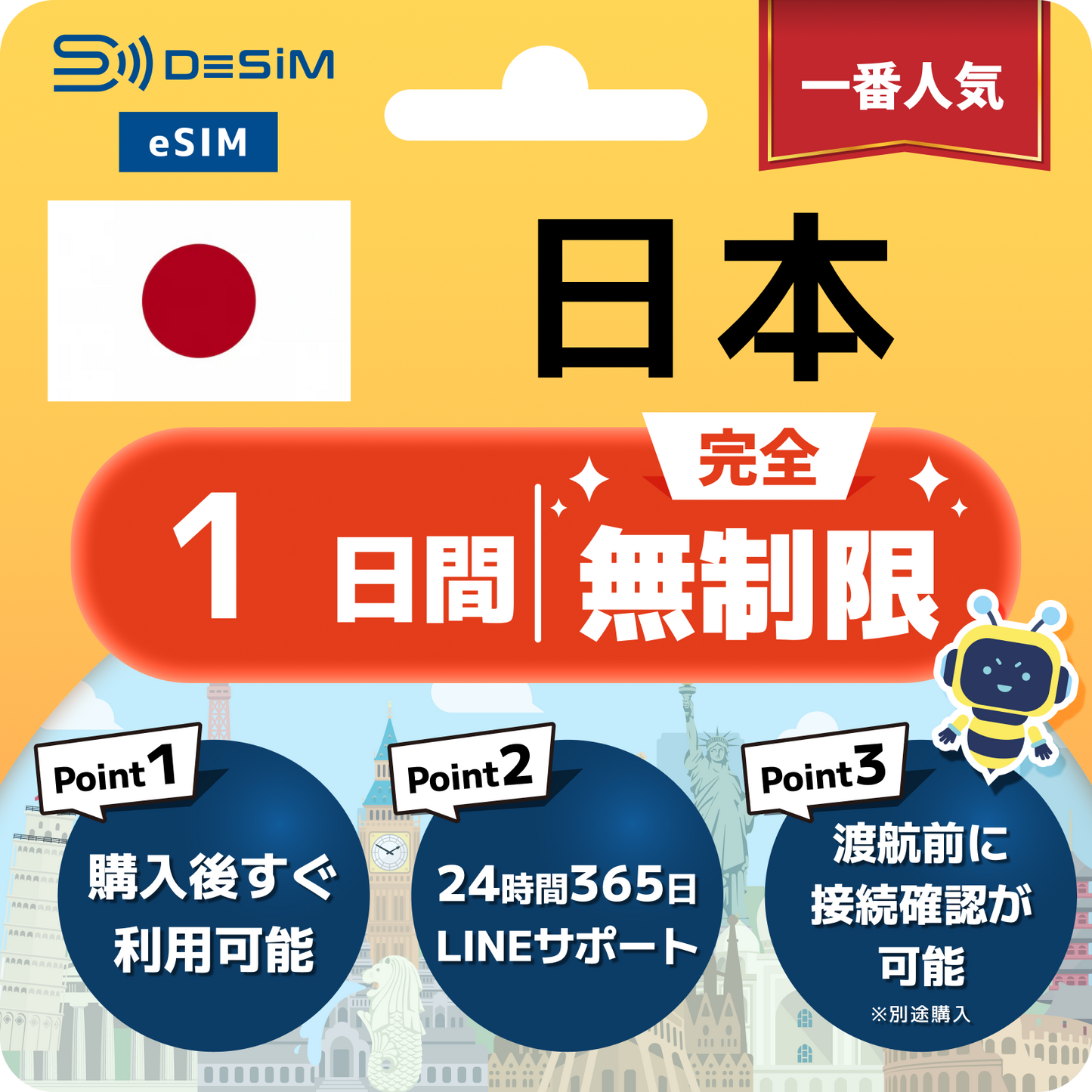 日本 eSIM（1~30日間） 完全無制限eSIM 即日開通 テザリング対応