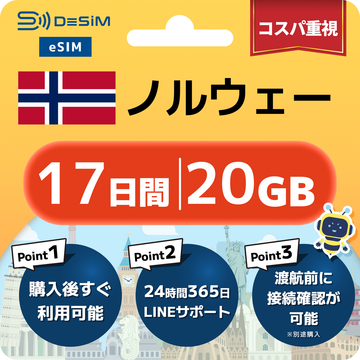 ノルウェー eSIM（11~20日間）500MB～50GB選択可能 即日開通 テザリング対応