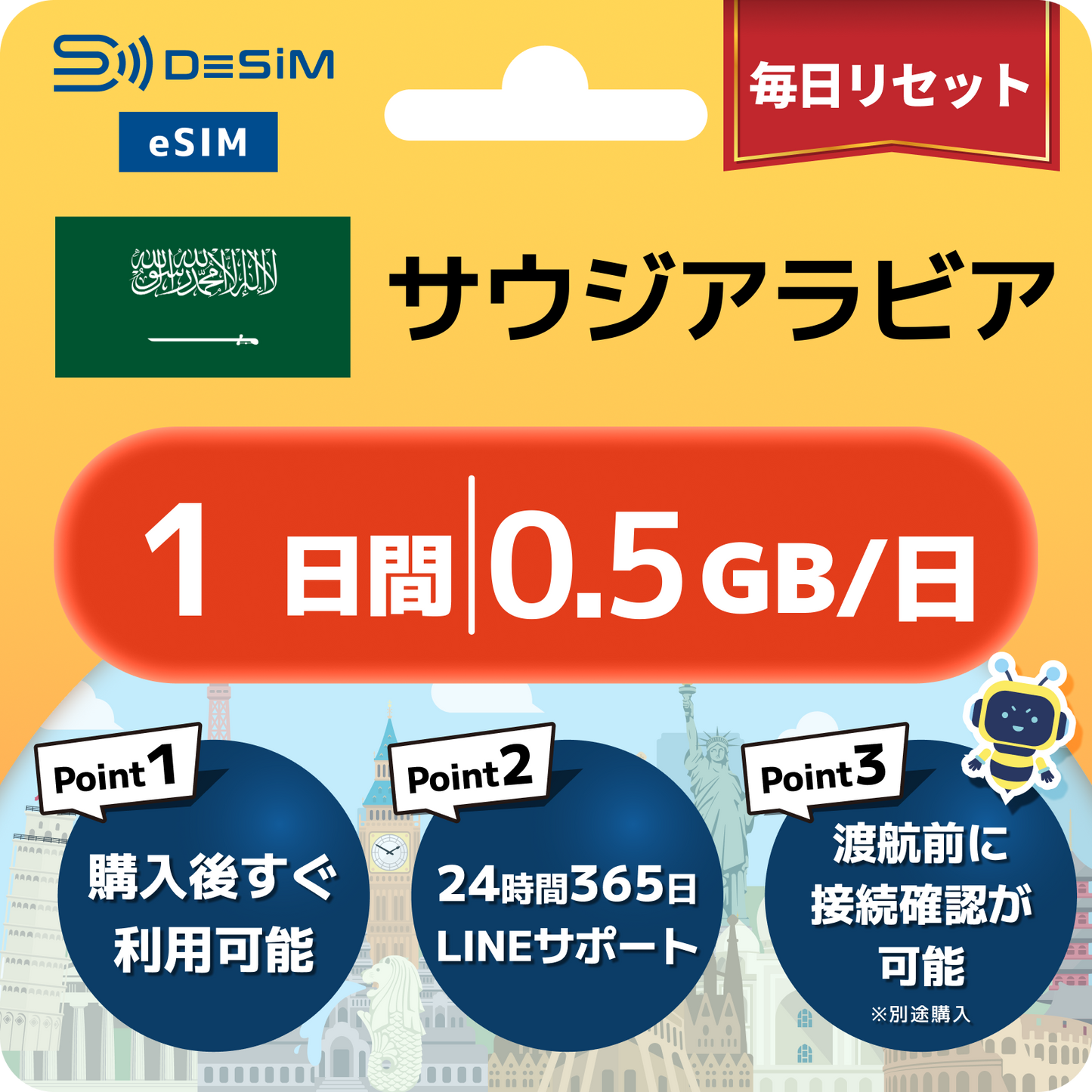 サウジアラビア eSIM（ 1~10日間）500MB～50GB選択可能 即日開通 テザリング対応