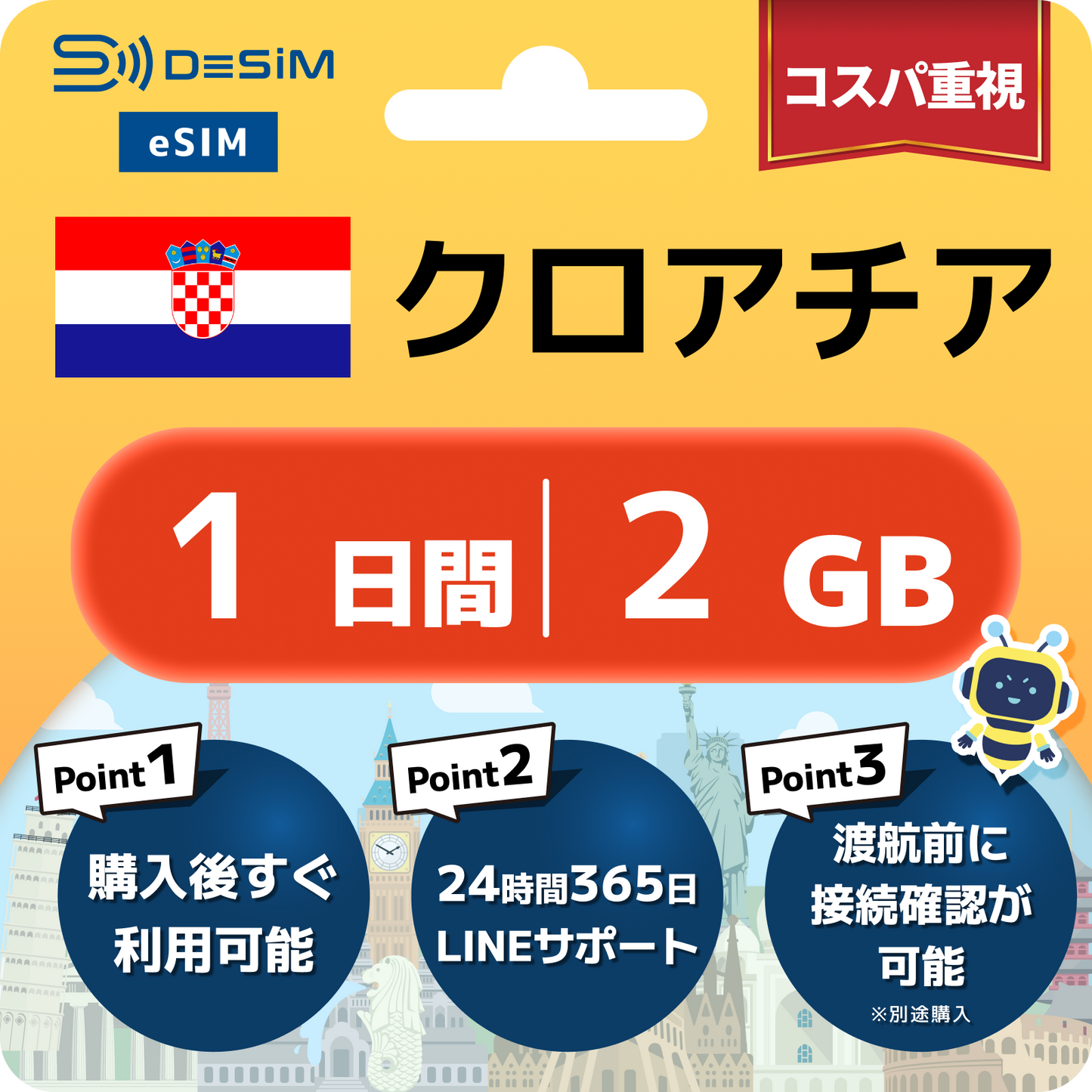 クロアチア eSIM（ 1~10日間）500MB～50GB選択可能 即日開通 テザリング対応