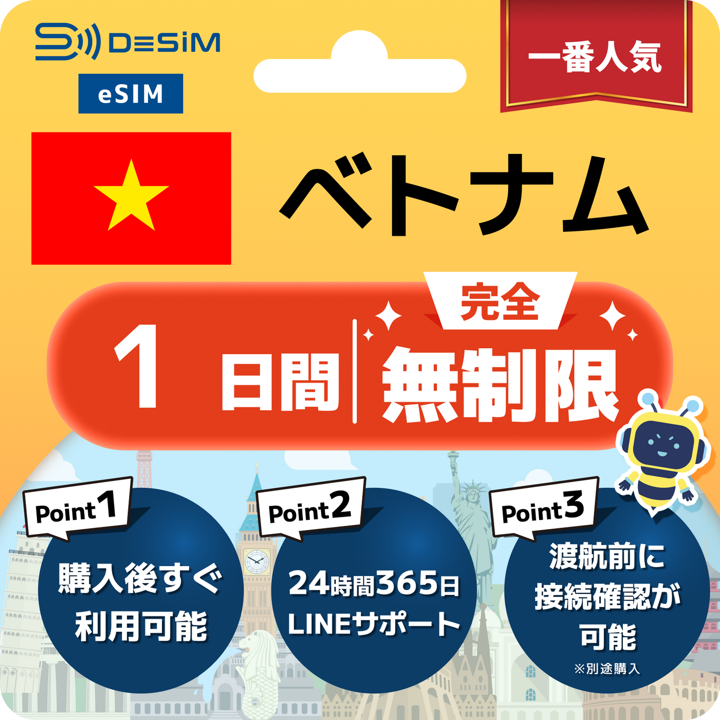 ベトナム eSIM（1~30日間） 完全無制限eSIM 即日開通 テザリング対応