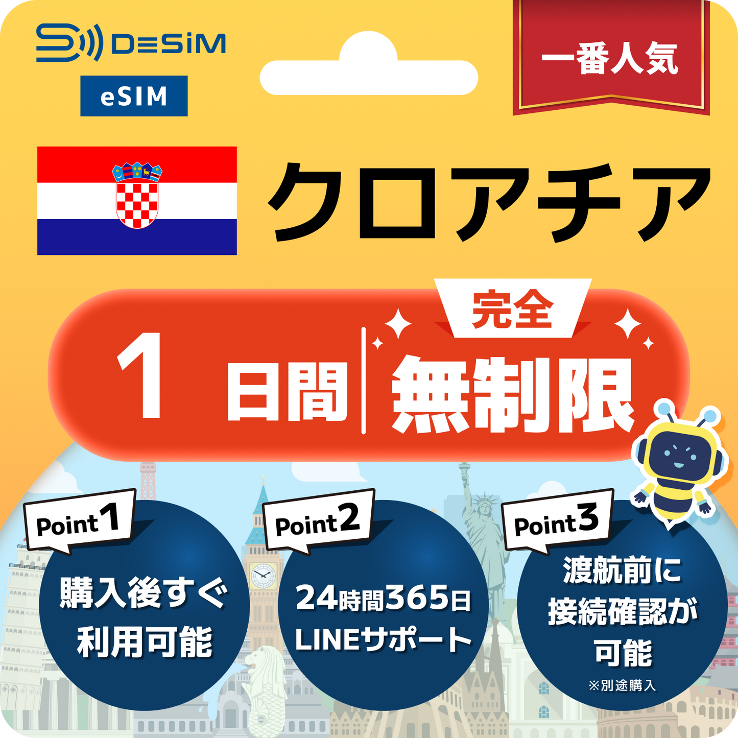 クロアチア eSIM（1~30日間） 完全無制限eSIM 即日開通 テザリング対応