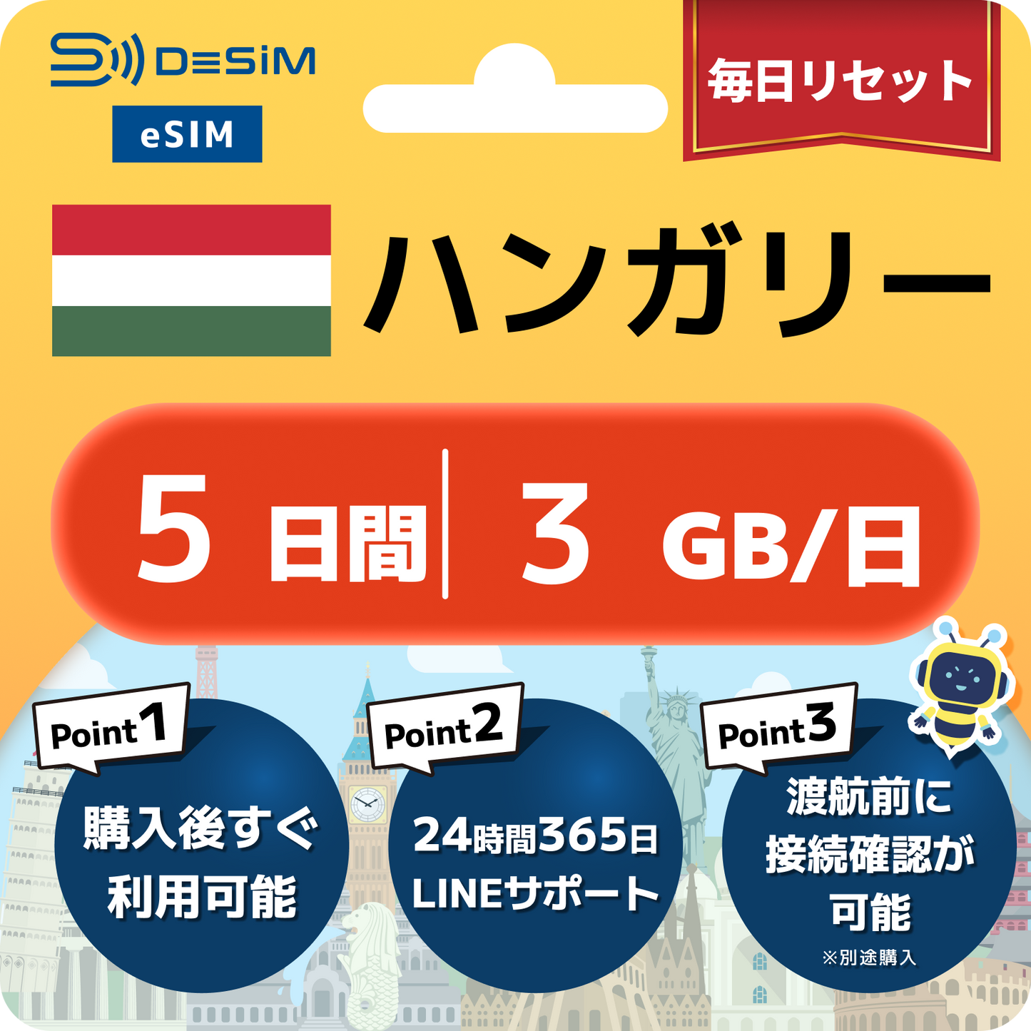 ハンガリー eSIM（ 1~10日間）500MB～50GB選択可能 即日開通 テザリング対応