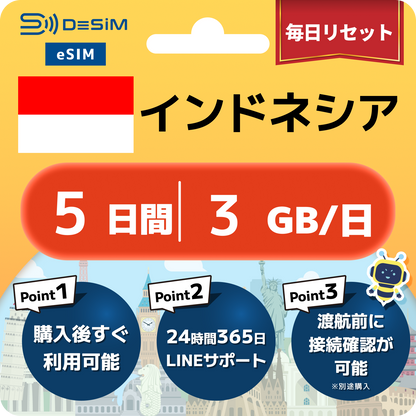 インドネシア eSIM（ 1~10日間）500MB～50GB選択可能 即日開通 テザリング対応