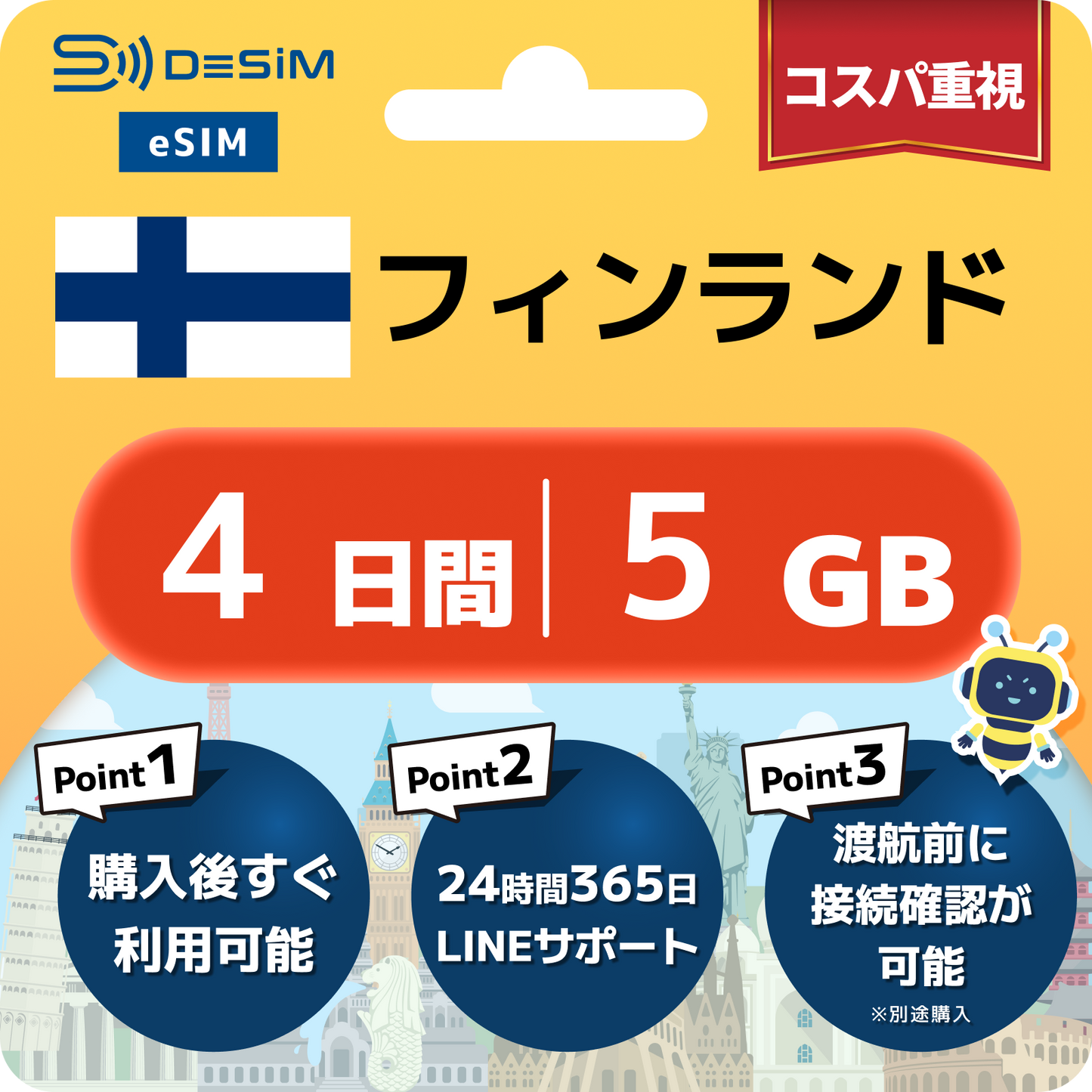 フィンランド eSIM（ 1~10日間）500MB～50GB選択可能 即日開通 テザリング対応