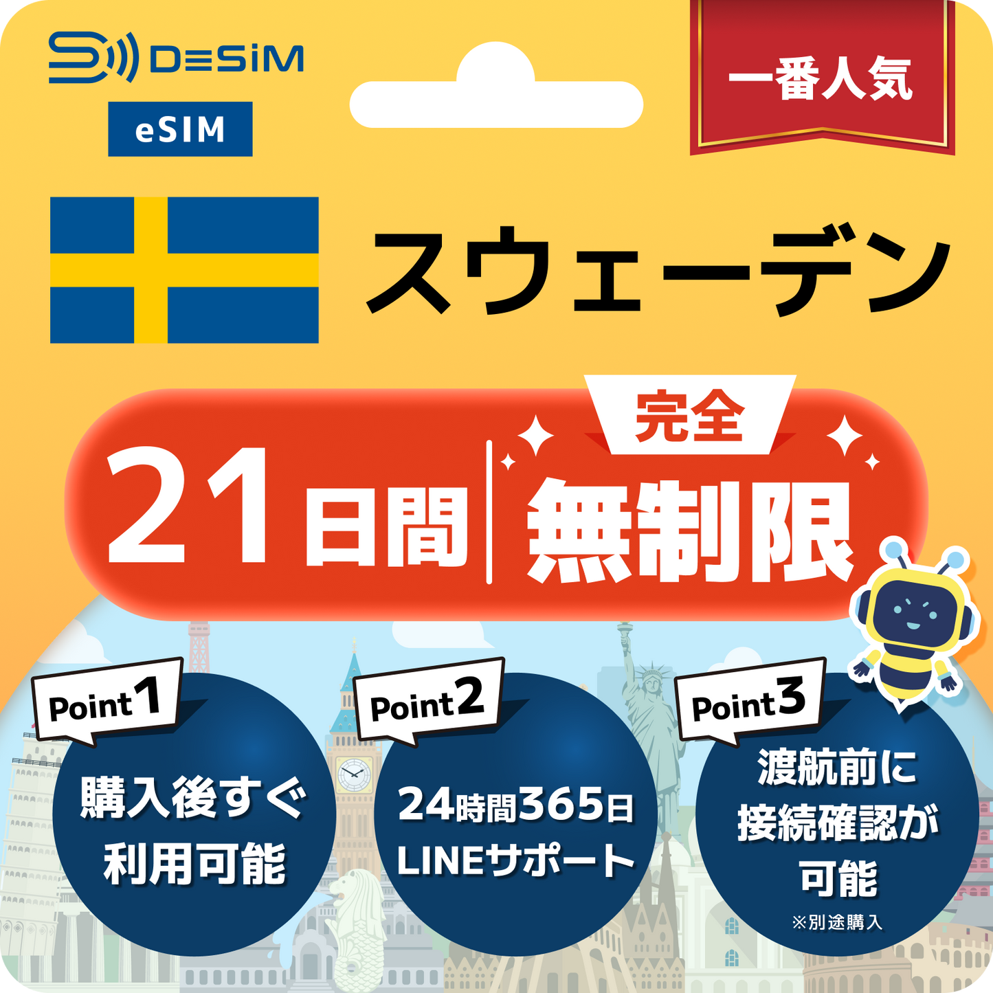 スウェーデン eSIM（1~30日間） 完全無制限eSIM 即日開通 テザリング対応