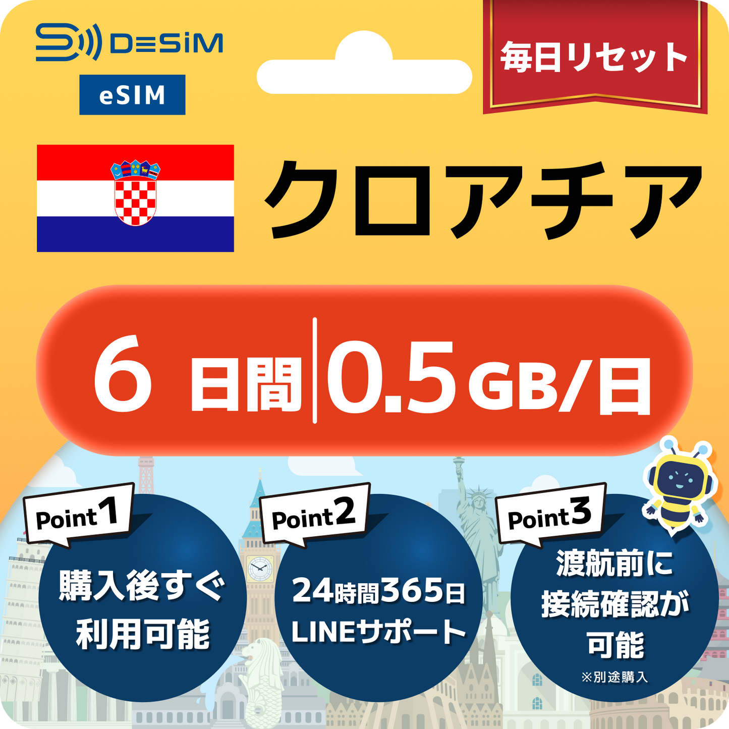 クロアチア eSIM（ 1~10日間）500MB～50GB選択可能 即日開通 テザリング対応