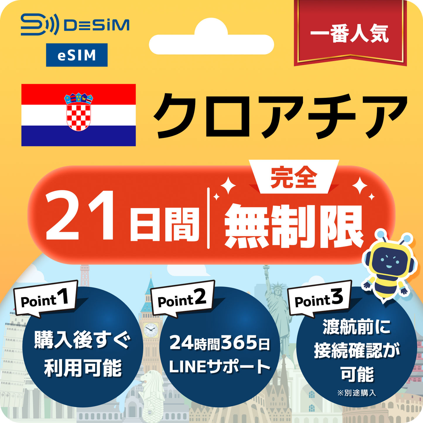 クロアチア eSIM（1~30日間） 完全無制限eSIM 即日開通 テザリング対応