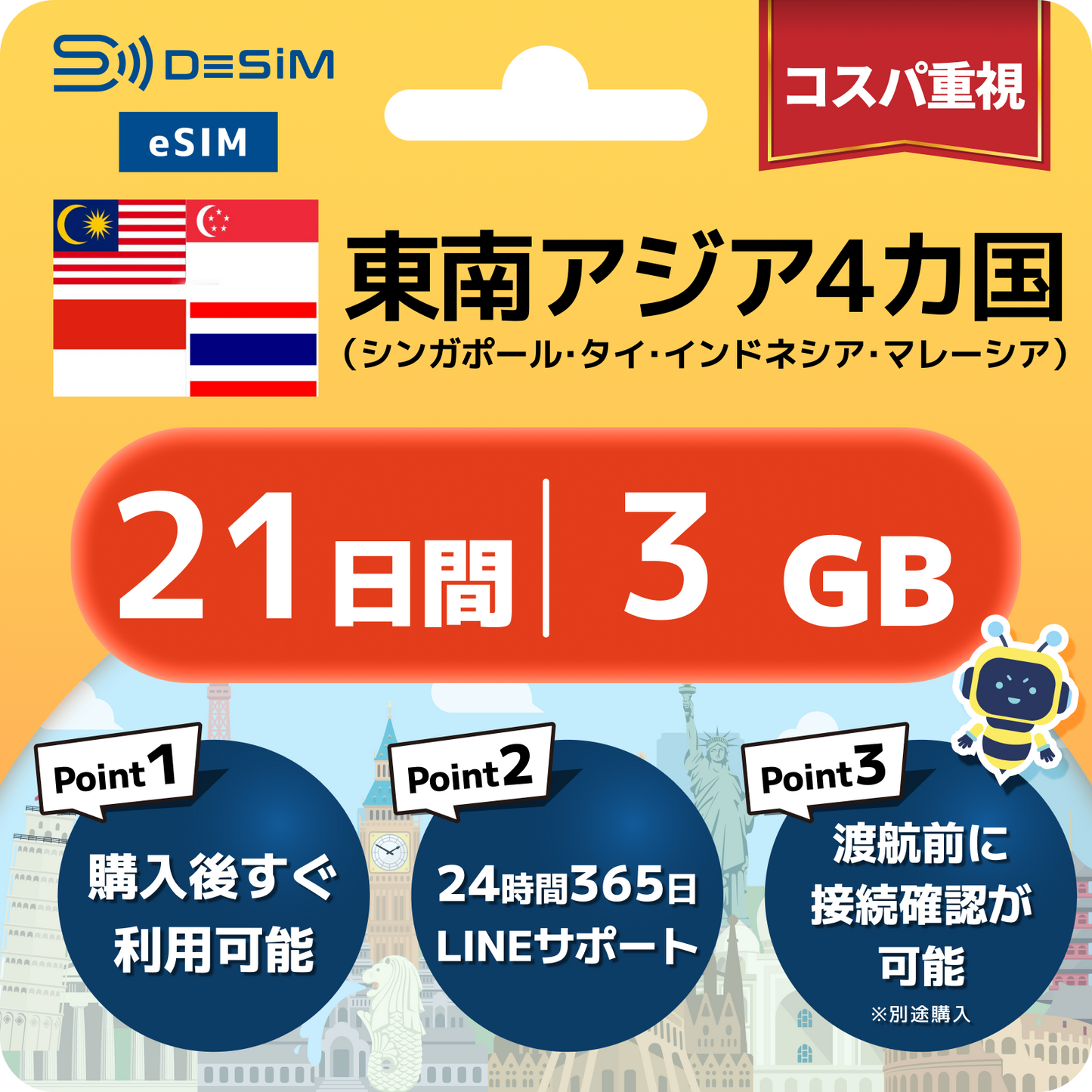 東南アジア eSIM（21~30日間）500MB～50GB選択可能 即日開通 テザリング対応
