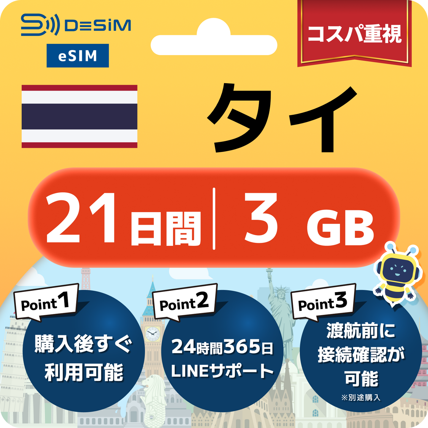 タイ eSIM（21~30日間）500MB～50GB選択可能 即日開通 テザリング対応