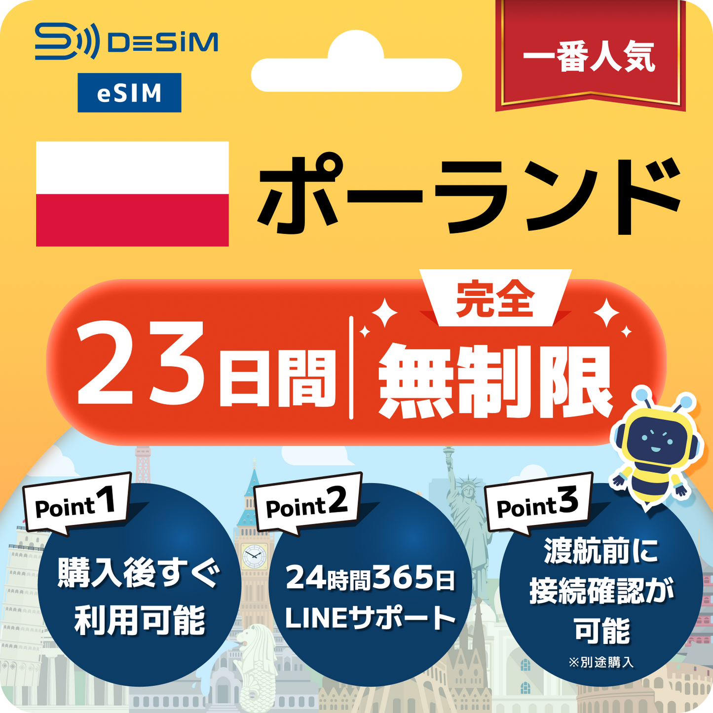 ポーランド eSIM（1~30日間） 完全無制限eSIM 即日開通 テザリング対応