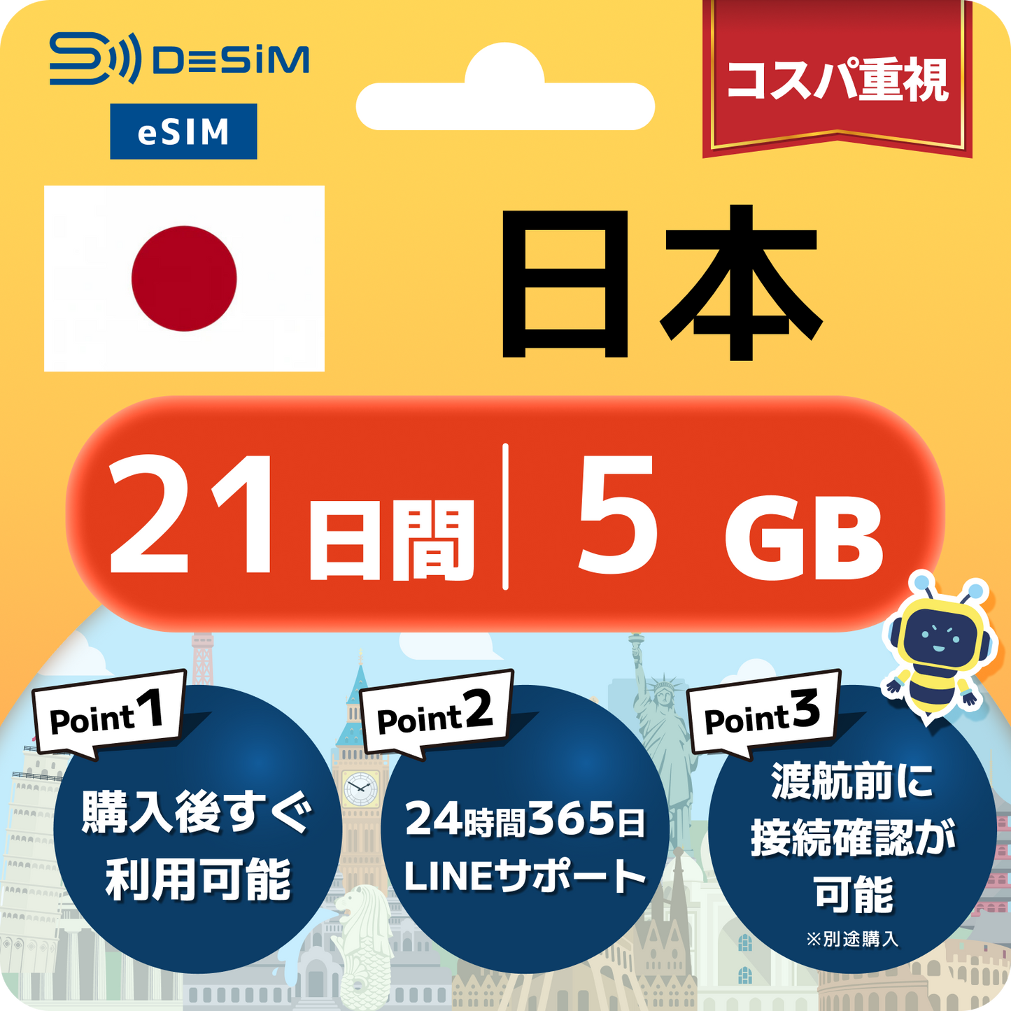日本 eSIM（21~30日間）500MB～50GB選択可能 即日開通 テザリング対応