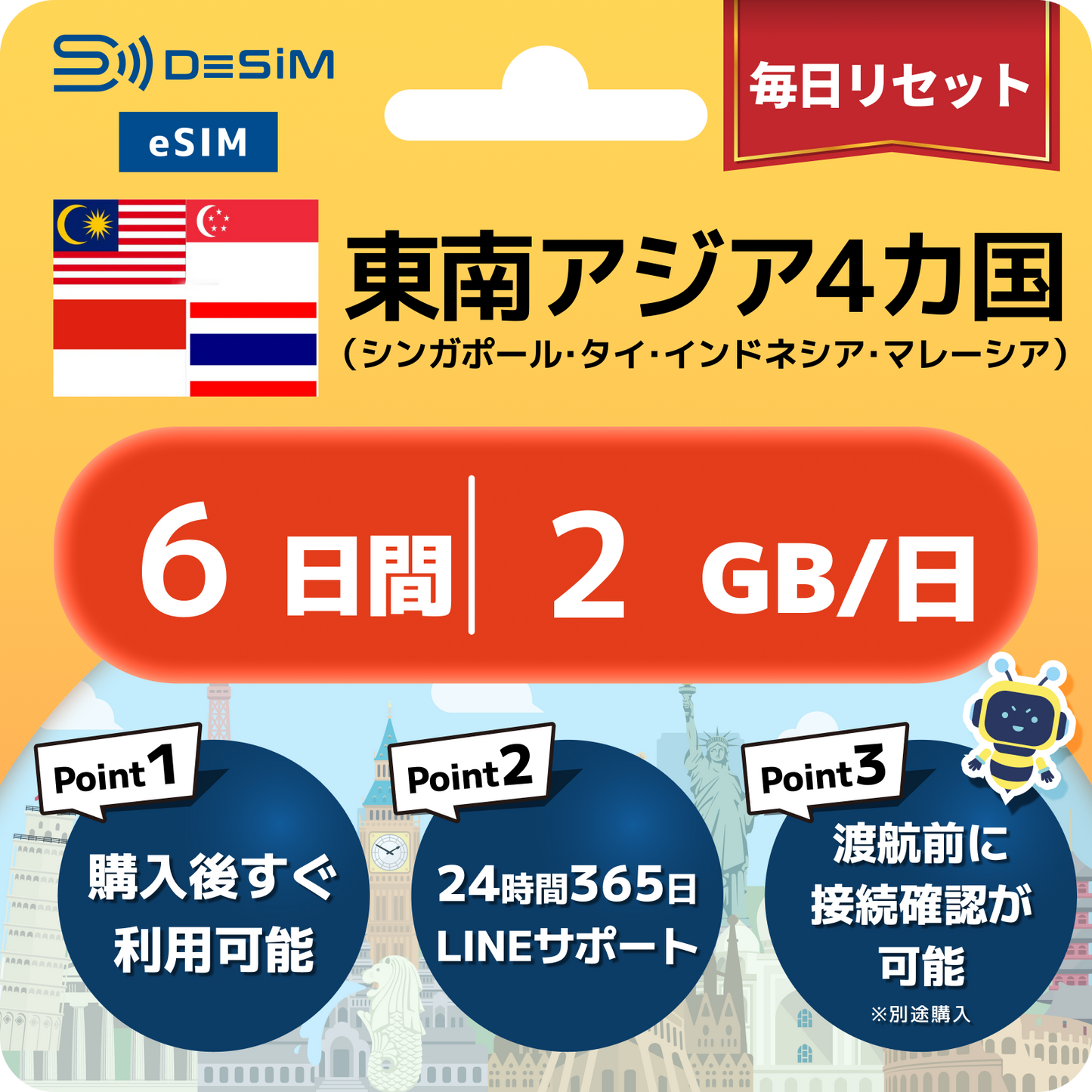 東南アジア eSIM（ 1~10日間）500MB～50GB選択可能 即日開通 テザリング対応