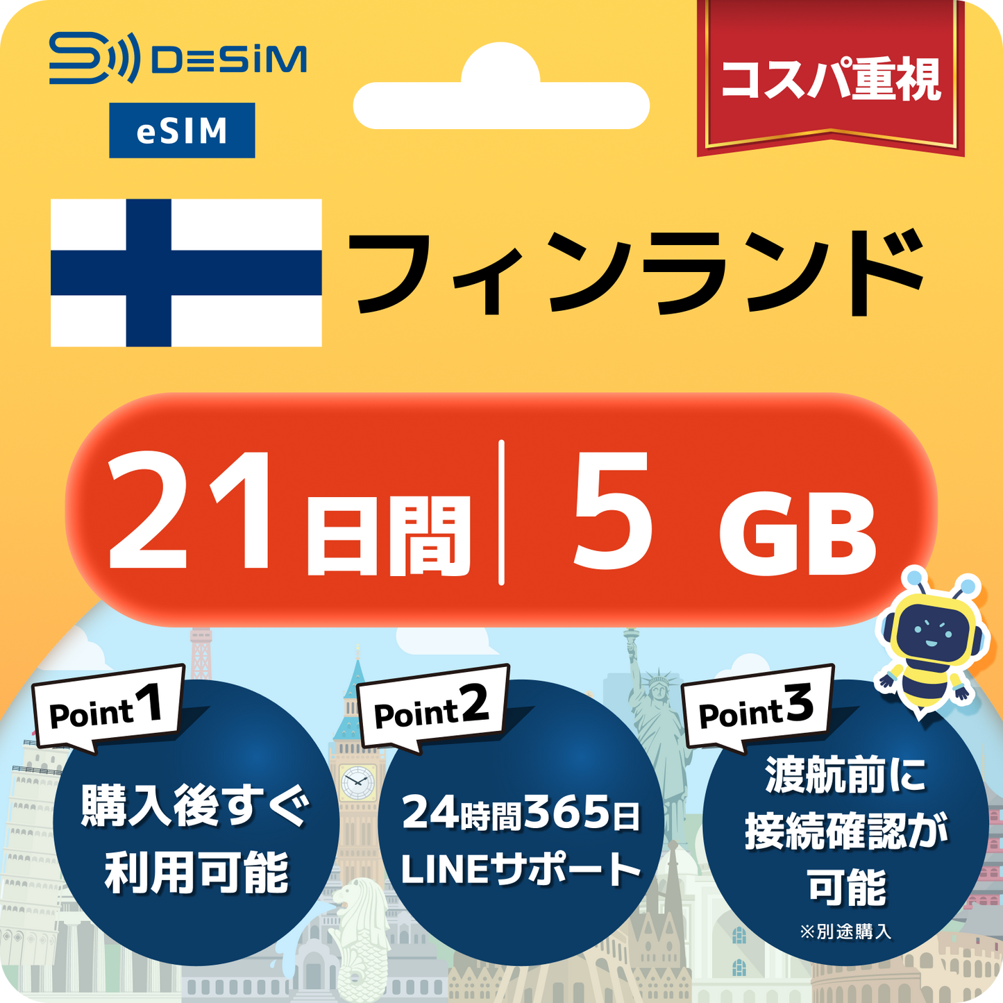 フィンランド eSIM（21~30日間）500MB～50GB選択可能 即日開通 テザリング対応
