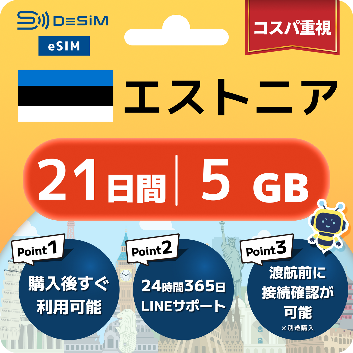 エストニア eSIM（21~30日間）500MB～50GB選択可能 即日開通 テザリング対応