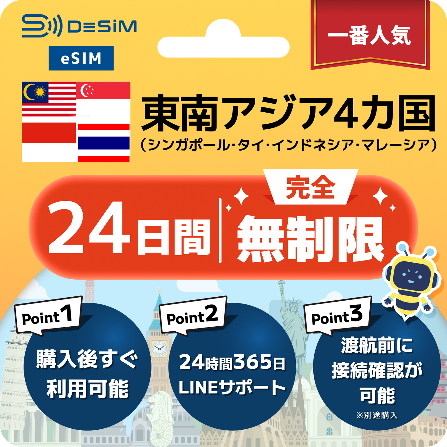 東南アジア4カ国 eSIM（1~30日間） 完全無制限eSIM 即日開通 テザリング対応
