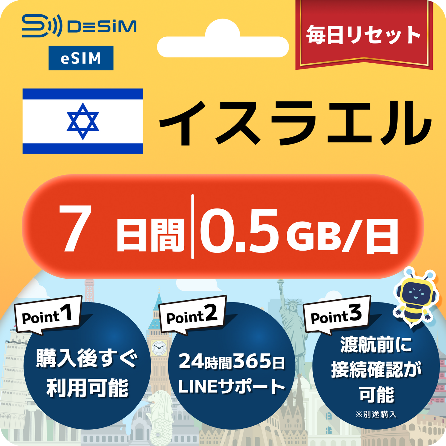 イスラエル eSIM（ 1~10日間）500MB～50GB選択可能 即日開通 テザリング対応