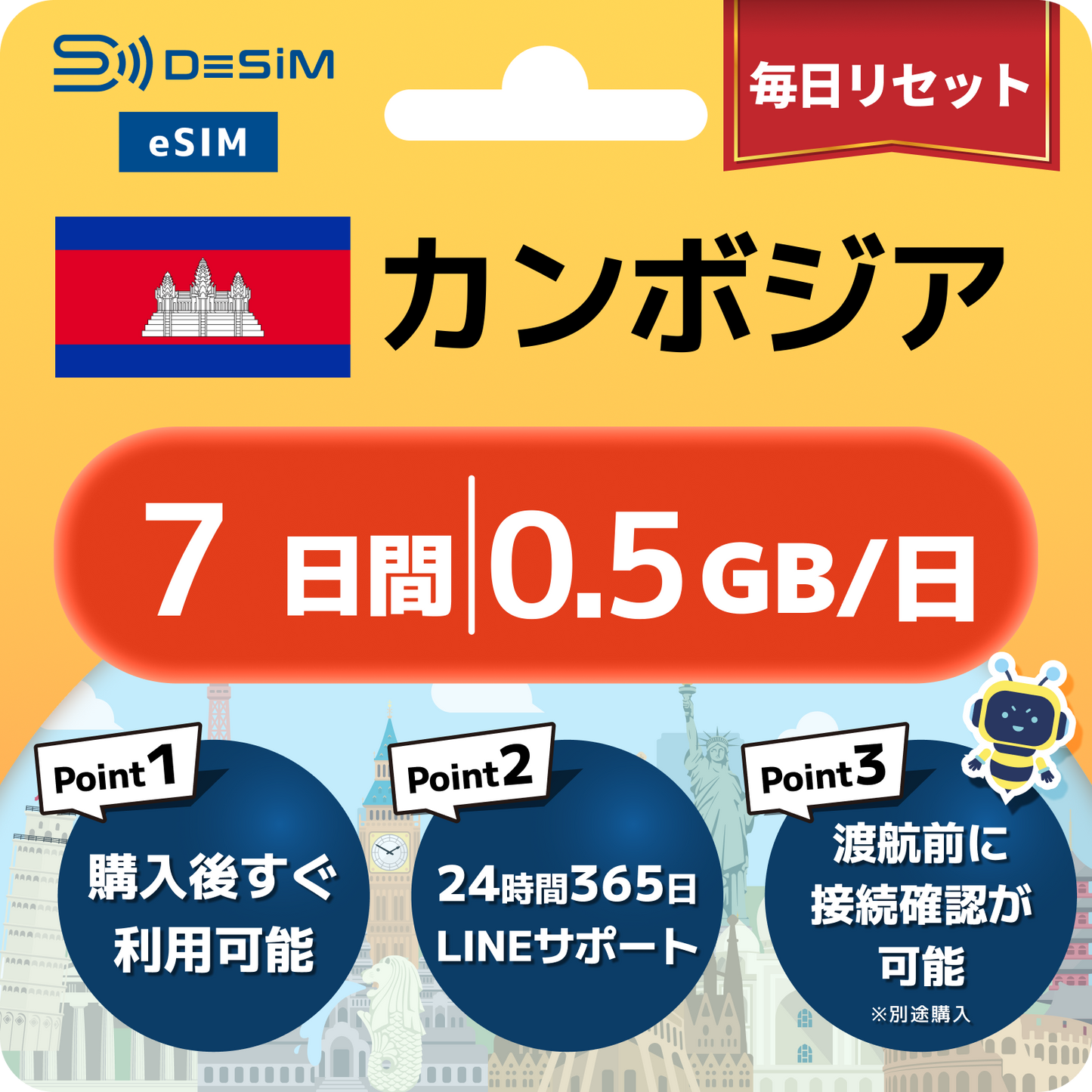 カンボジア eSIM（ 1~10日間）500MB～50GB選択可能 即日開通 テザリング対応