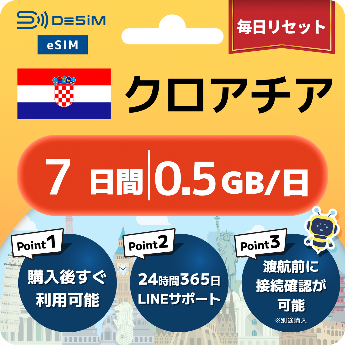 クロアチア eSIM（ 1~10日間）500MB～50GB選択可能 即日開通 テザリング対応
