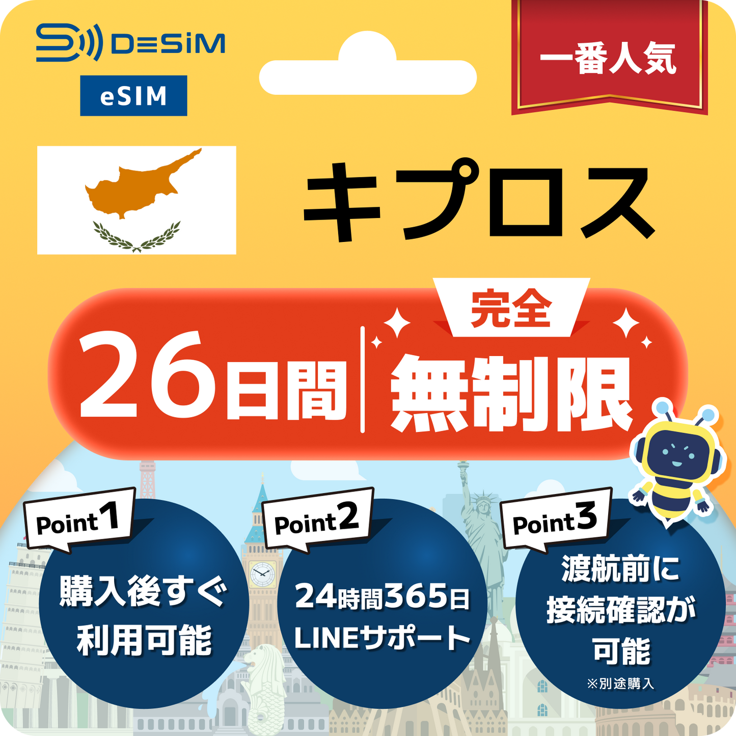 キプロス eSIM（1~30日間） 完全無制限eSIM 即日開通 テザリング対応