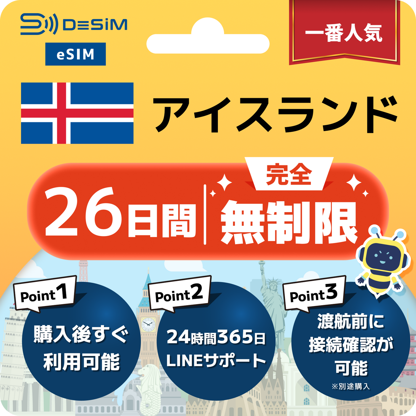 アイスランド eSIM（1~30日間） 完全無制限eSIM 即日開通 テザリング対応