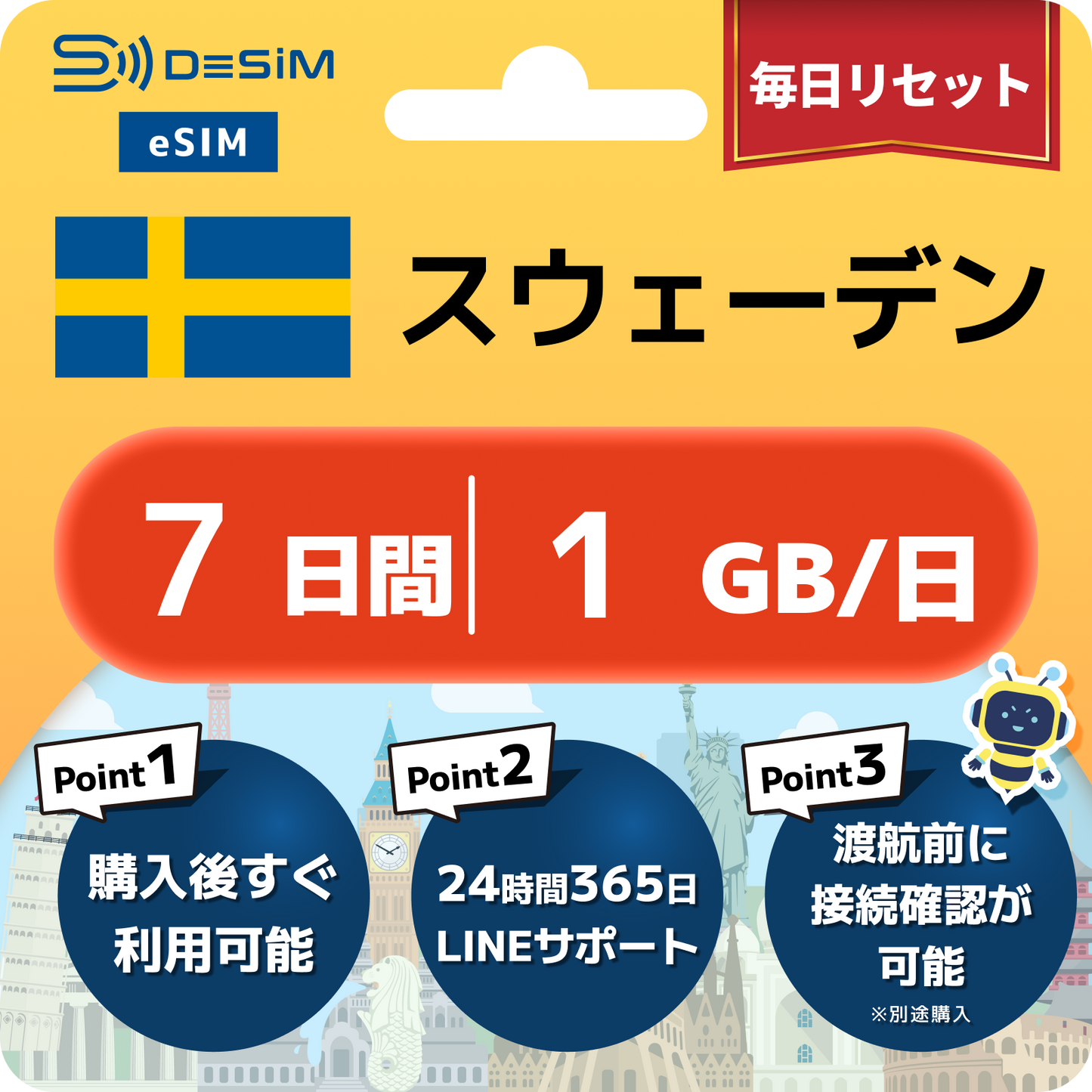 スウェーデン eSIM（ 1~10日間）500MB～50GB選択可能 即日開通 テザリング対応
