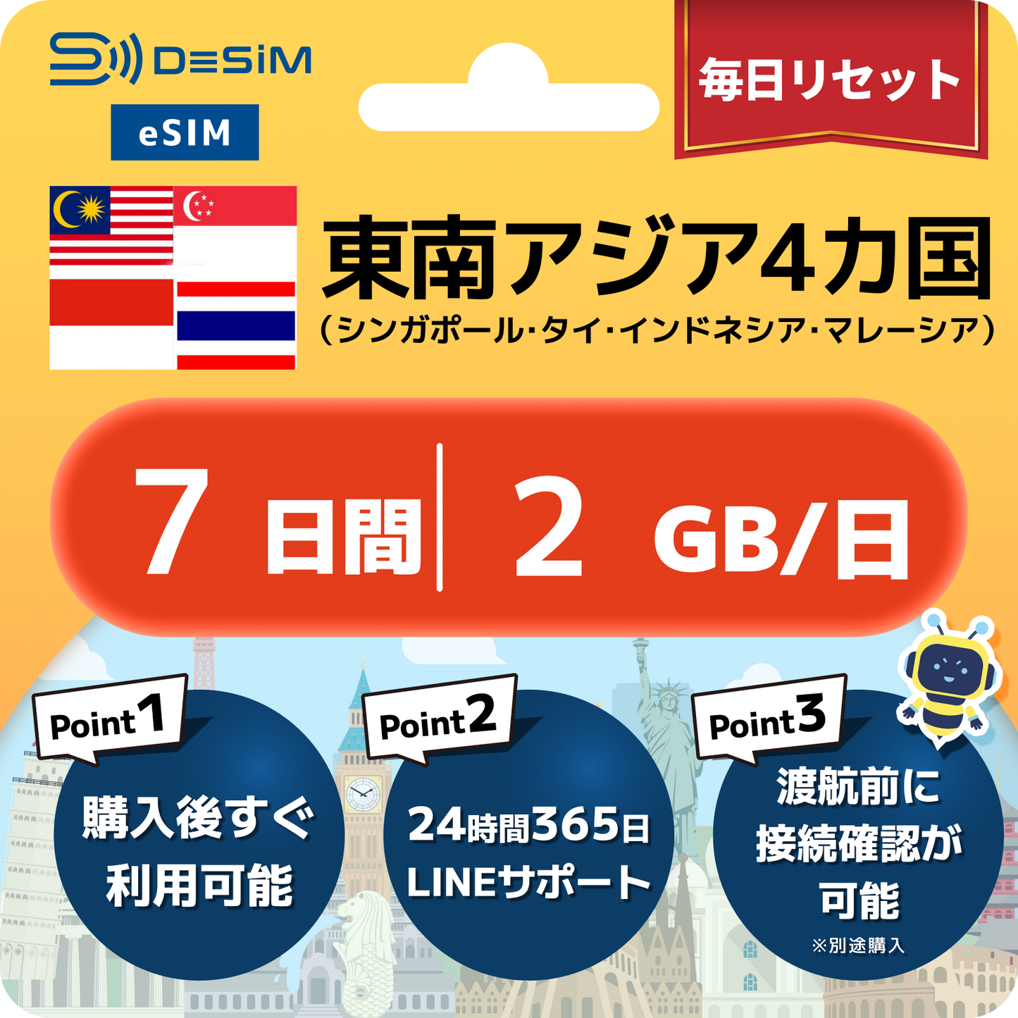 東南アジア eSIM（ 1~10日間）500MB～50GB選択可能 即日開通 テザリング対応