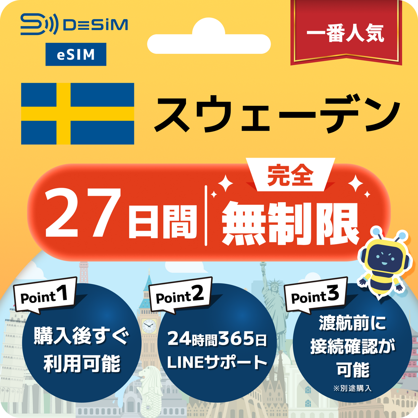 スウェーデン eSIM（1~30日間） 完全無制限eSIM 即日開通 テザリング対応