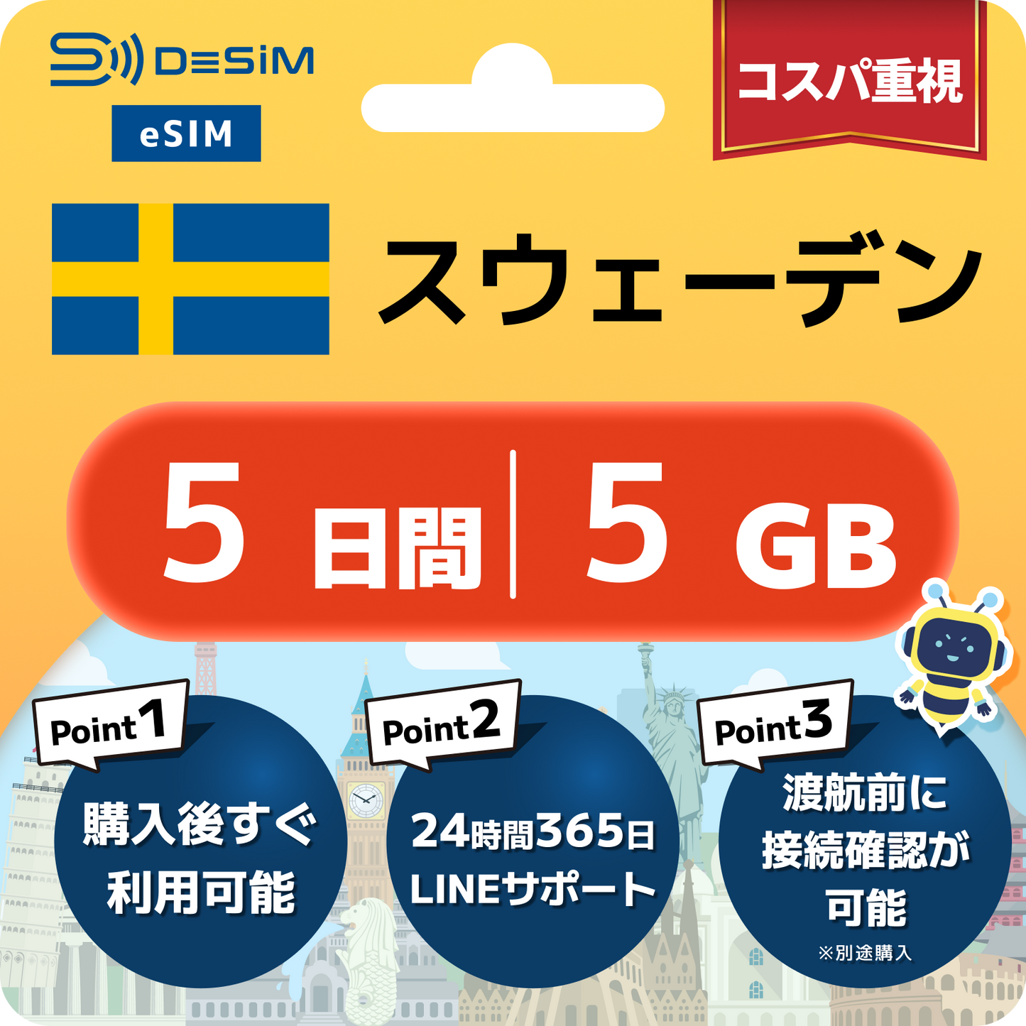 スウェーデン eSIM（ 1~10日間）500MB～50GB選択可能 即日開通 テザリング対応