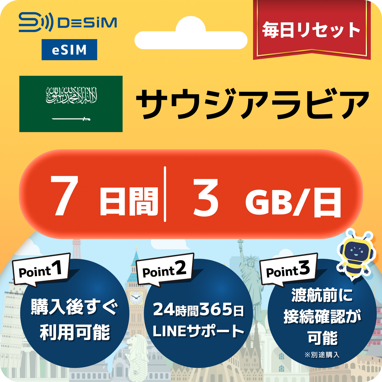 サウジアラビア eSIM（ 1~10日間）500MB～50GB選択可能 即日開通 テザリング対応