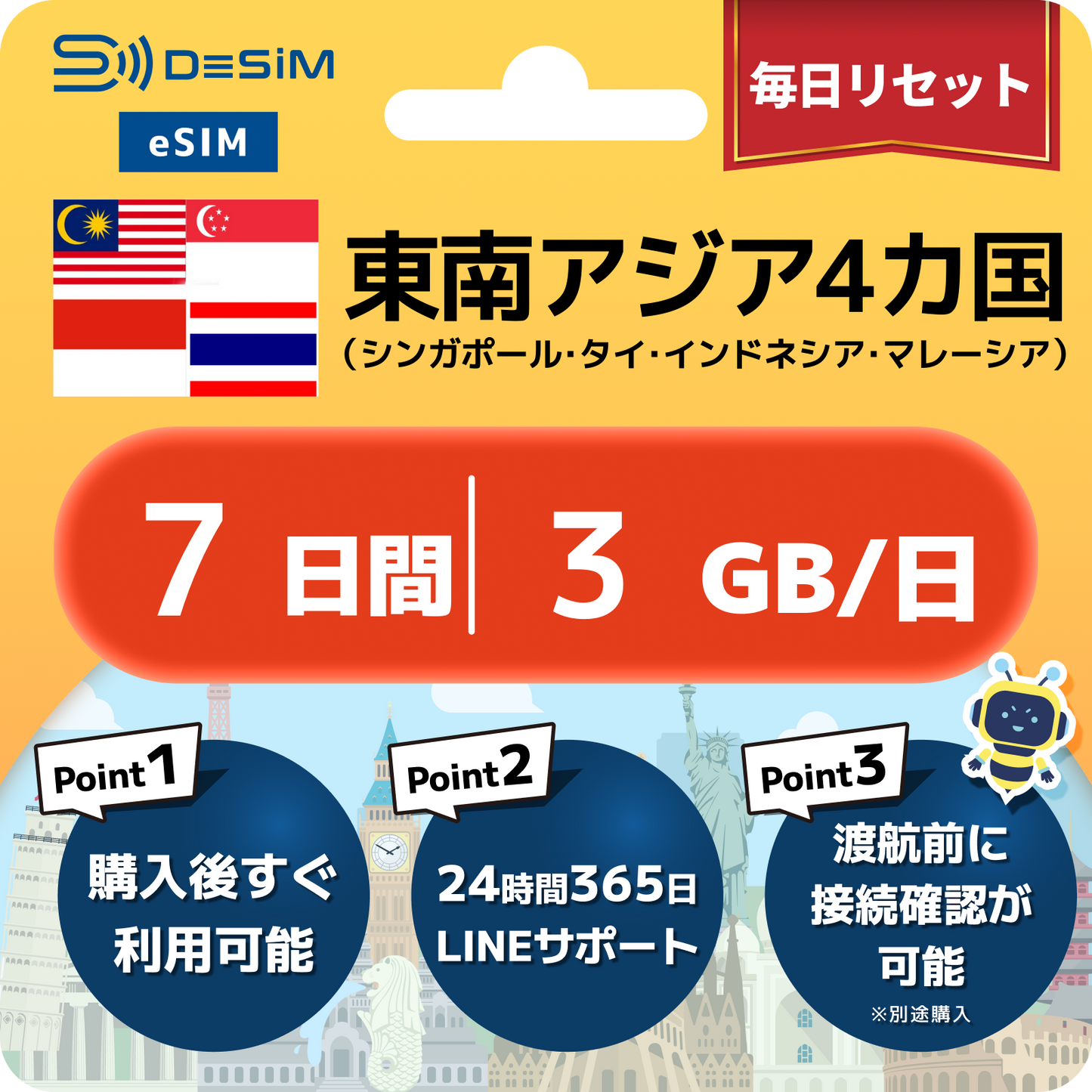 東南アジア eSIM（ 1~10日間）500MB～50GB選択可能 即日開通 テザリング対応