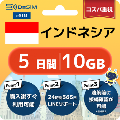 インドネシア eSIM（ 1~10日間）500MB～50GB選択可能 即日開通 テザリング対応
