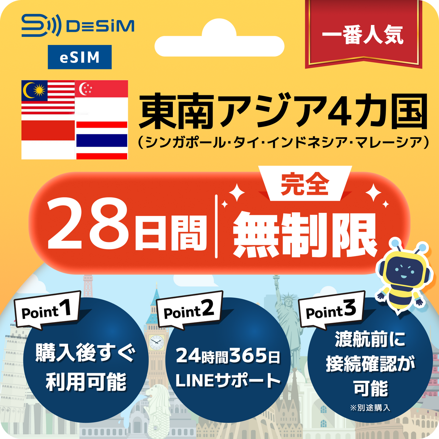 東南アジア4カ国 eSIM（1~30日間） 完全無制限eSIM 即日開通 テザリング対応