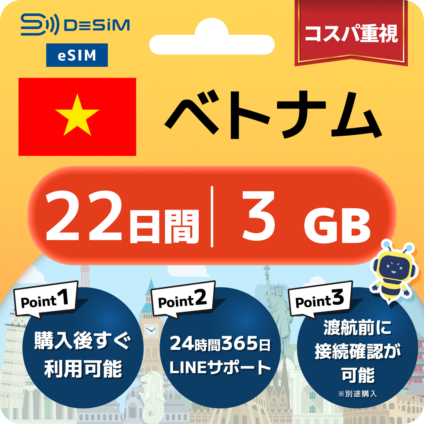 ベトナム eSIM（21~30日間）500MB～50GB選択可能 即日開通 テザリング対応