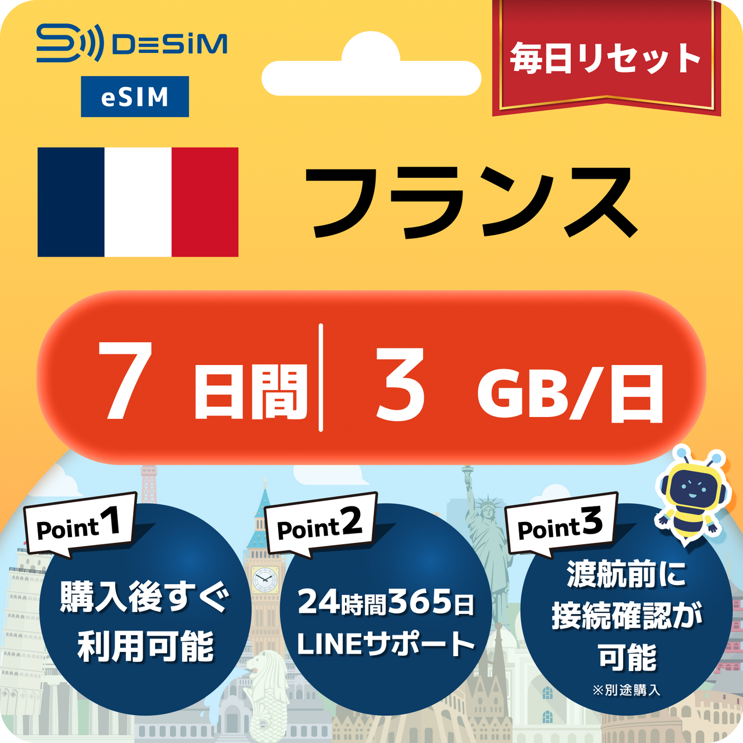 フランス eSIM（ 1~10日間）500MB～50GB選択可能 即日開通 テザリング対応