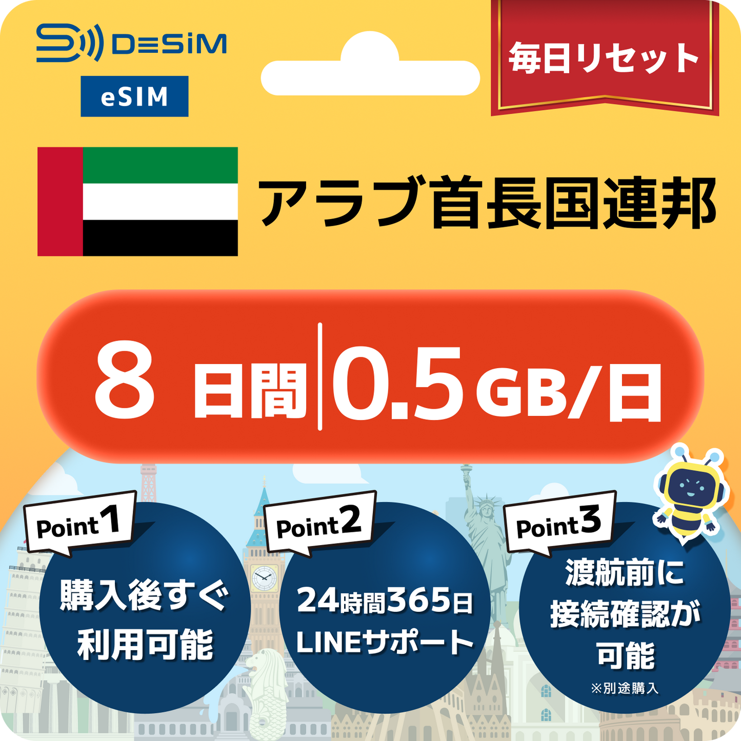 アラブ首長国連邦 eSIM（ 1~10日間）500MB～50GB選択可能 即日開通 テザリング対応