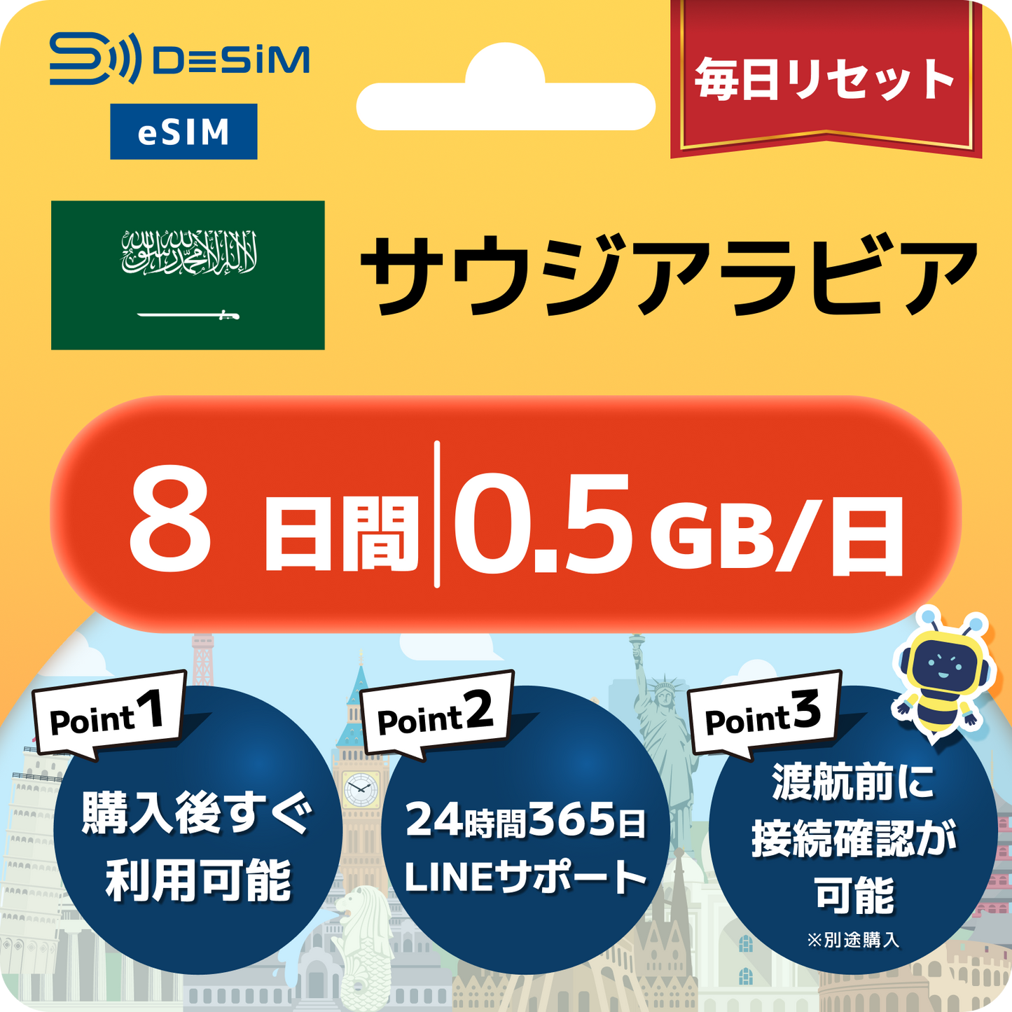 サウジアラビア eSIM（ 1~10日間）500MB～50GB選択可能 即日開通 テザリング対応