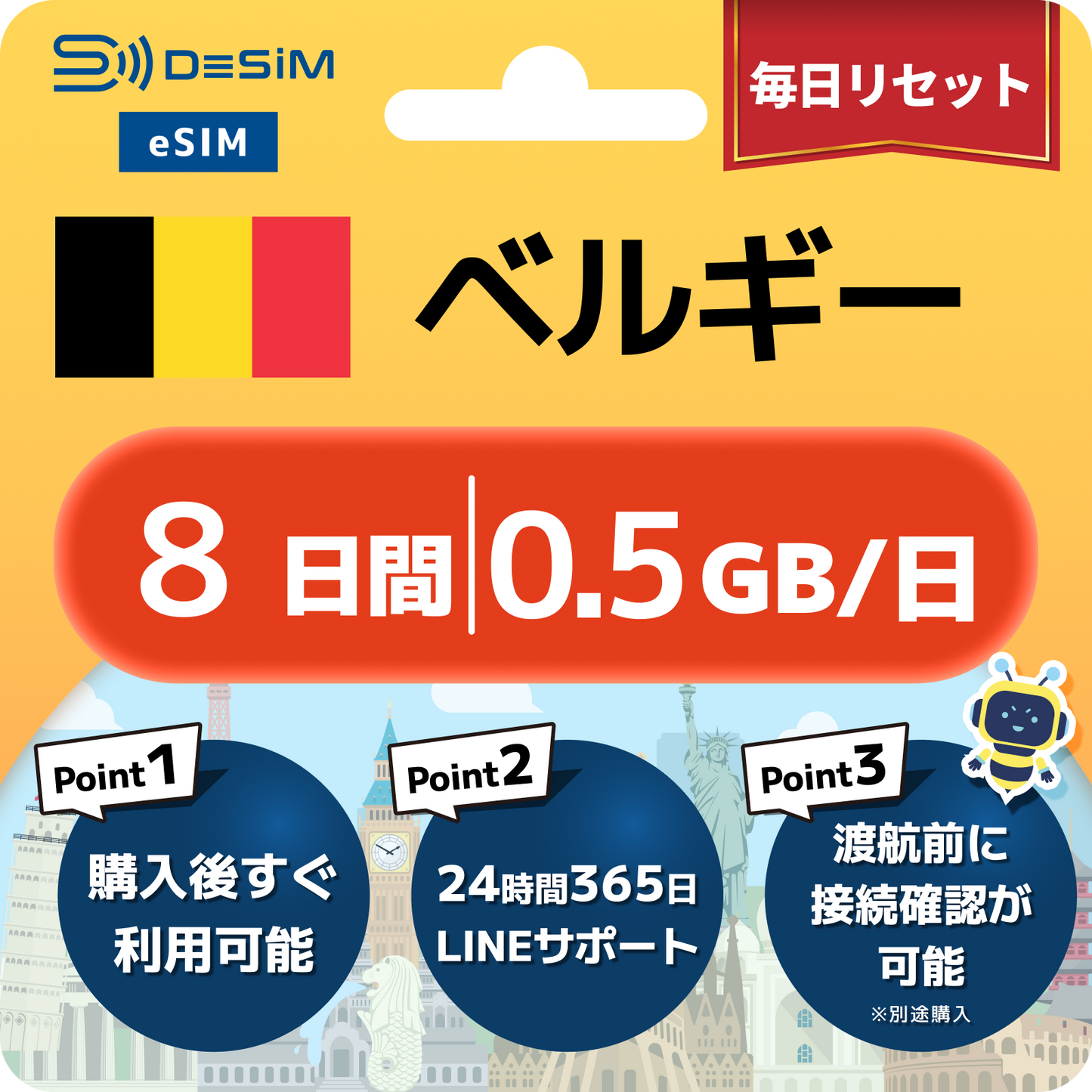 ベルギー eSIM（ 1~10日間）500MB～50GB選択可能 即日開通 テザリング対応