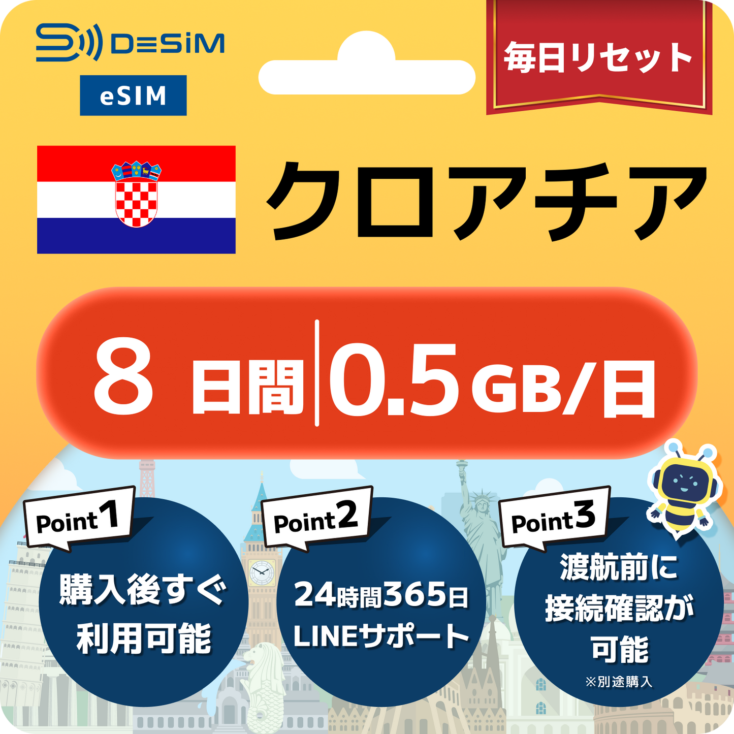クロアチア eSIM（ 1~10日間）500MB～50GB選択可能 即日開通 テザリング対応