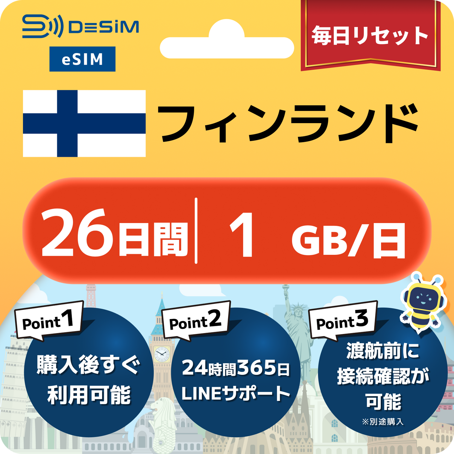 フィンランド eSIM（21~30日間）500MB～50GB選択可能 即日開通 テザリング対応