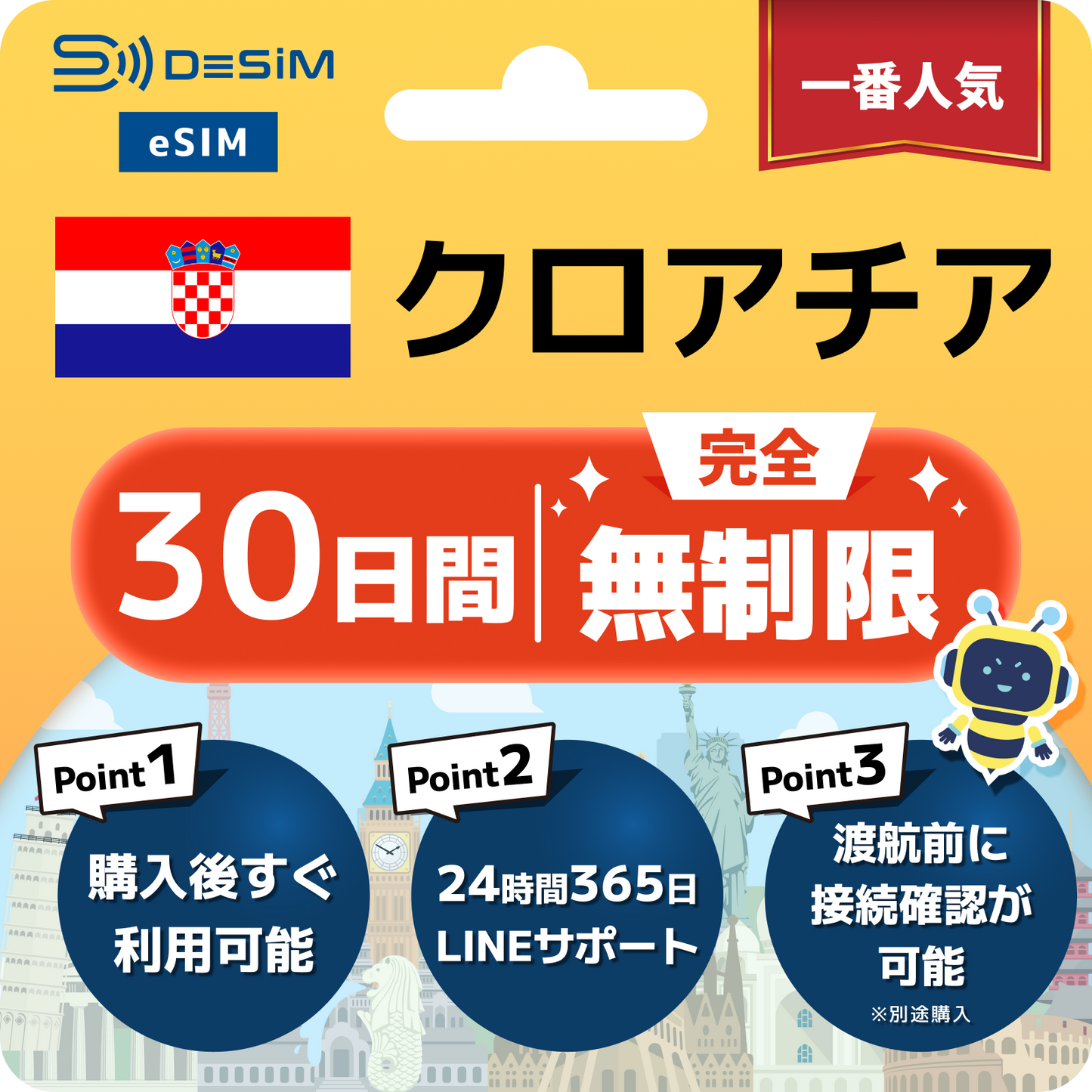 クロアチア eSIM（1~30日間） 完全無制限eSIM 即日開通 テザリング対応