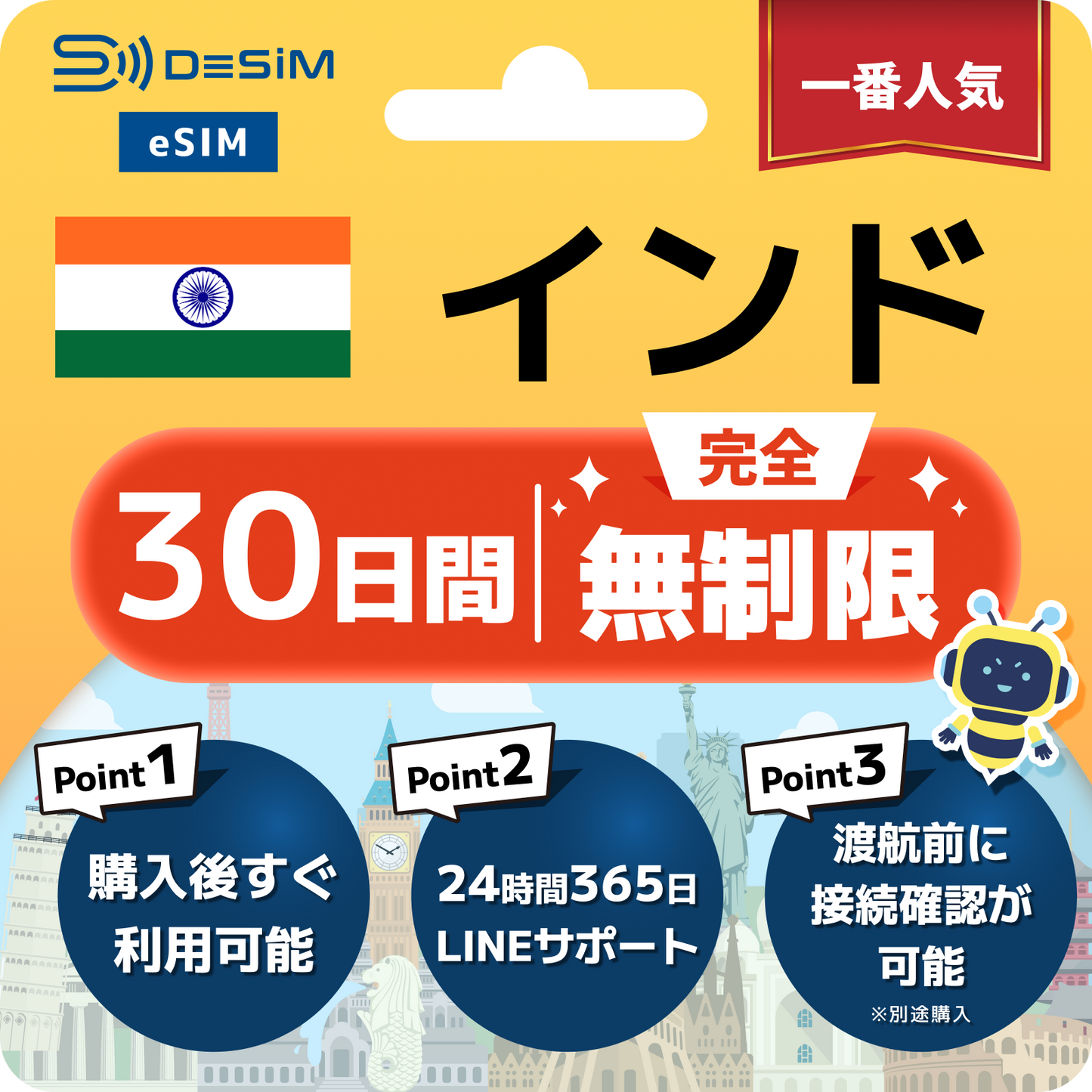 インド eSIM（1~30日間） 完全無制限eSIM 即日開通 テザリング対応