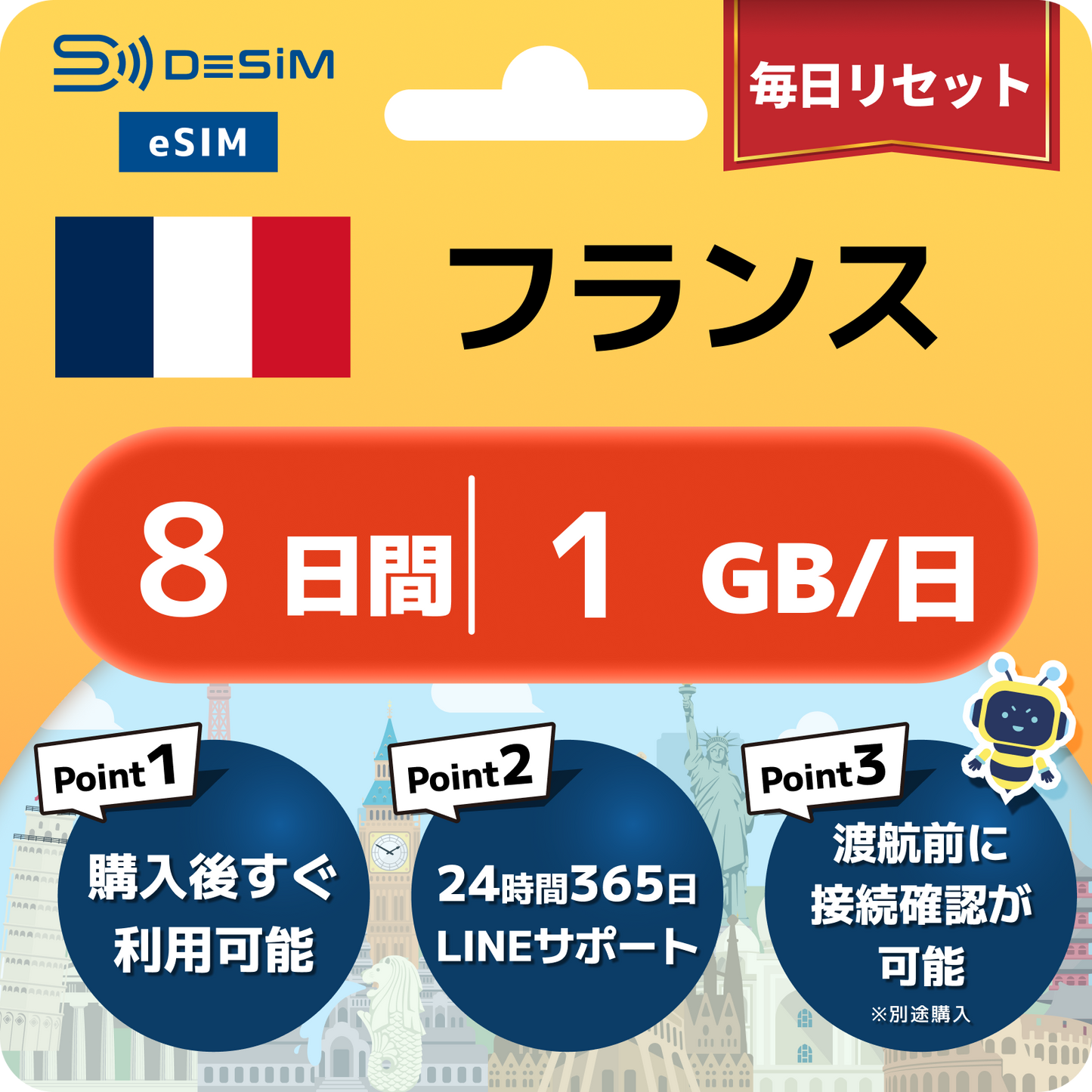 フランス eSIM（ 1~10日間）500MB～50GB選択可能 即日開通 テザリング対応
