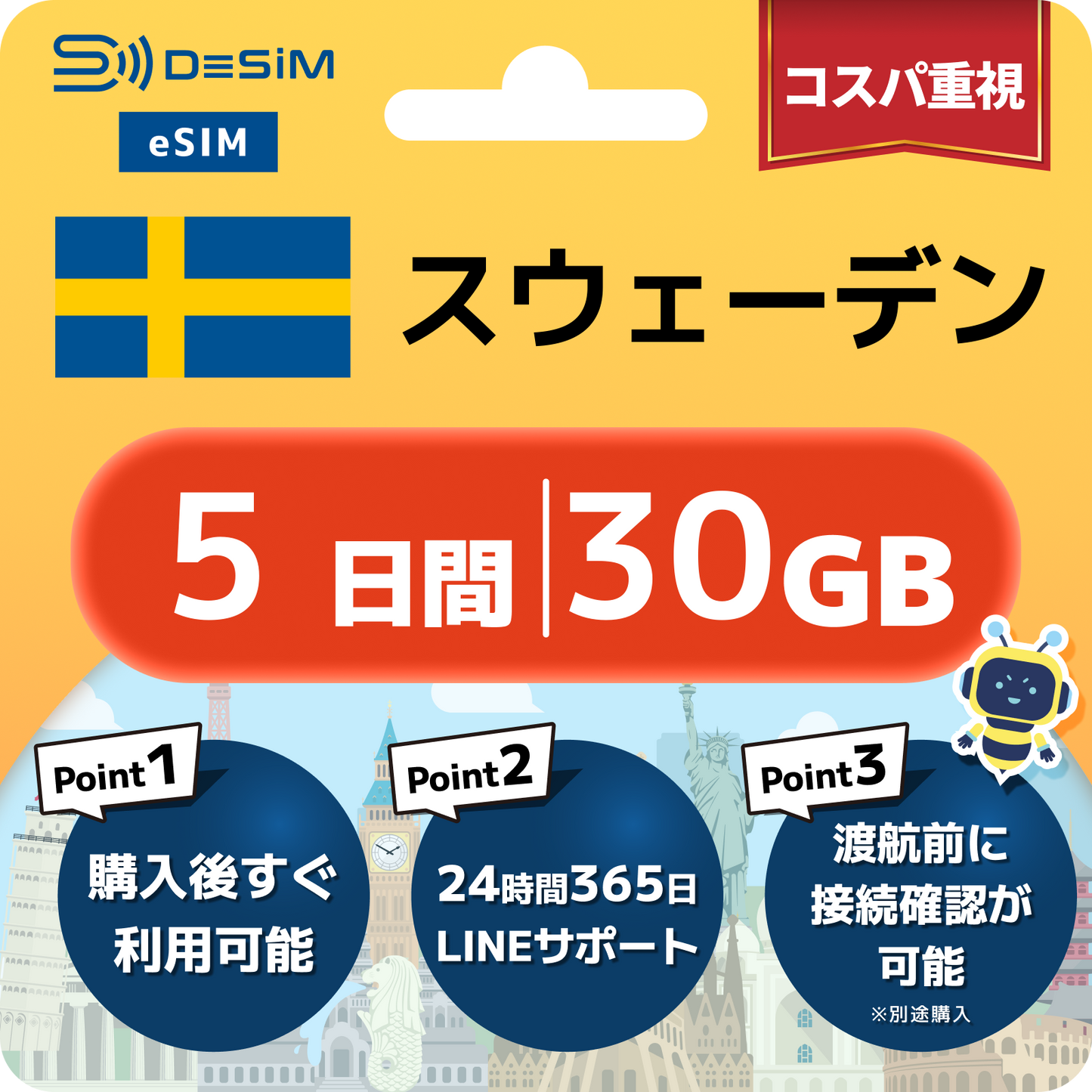 スウェーデン eSIM（ 1~10日間）500MB～50GB選択可能 即日開通 テザリング対応