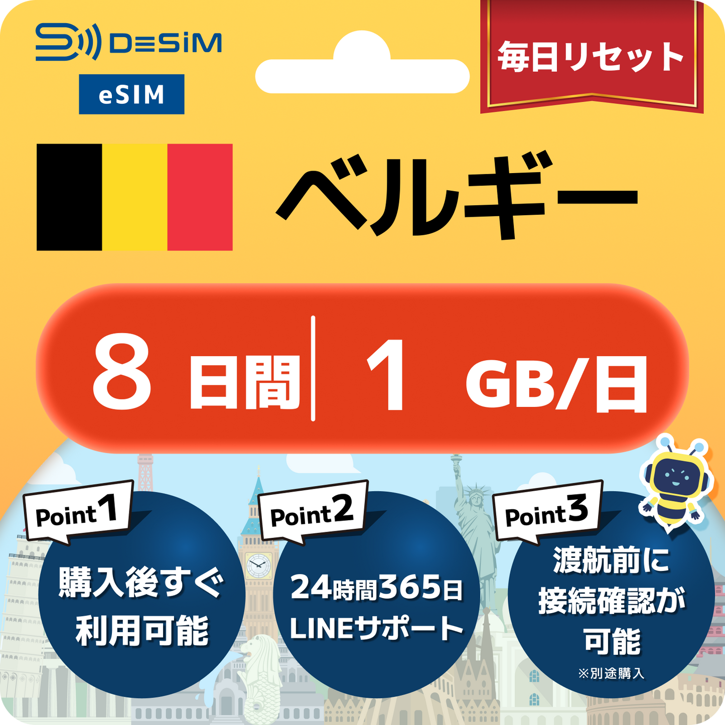 ベルギー eSIM（ 1~10日間）500MB～50GB選択可能 即日開通 テザリング対応