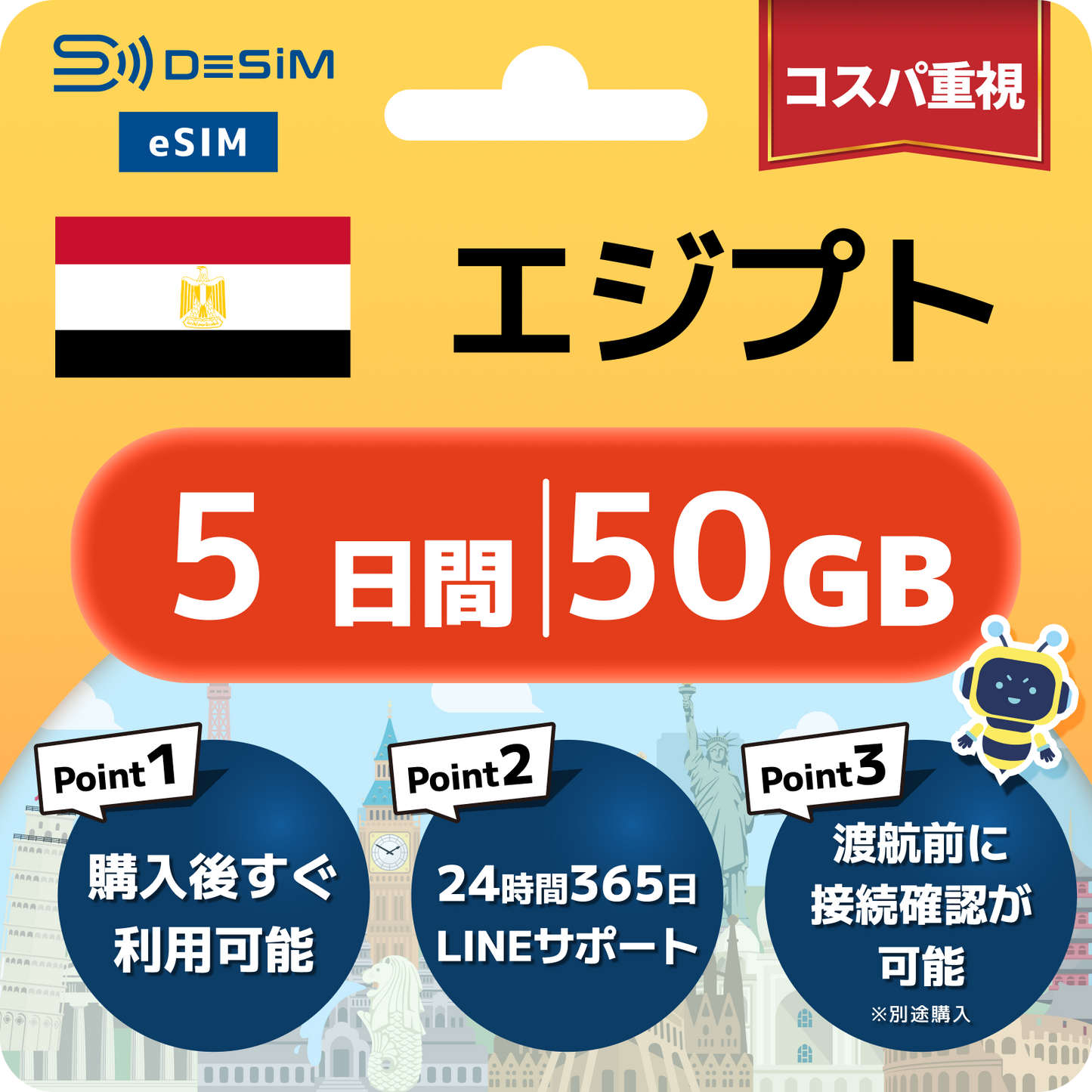 エジプト eSIM 1～30日間