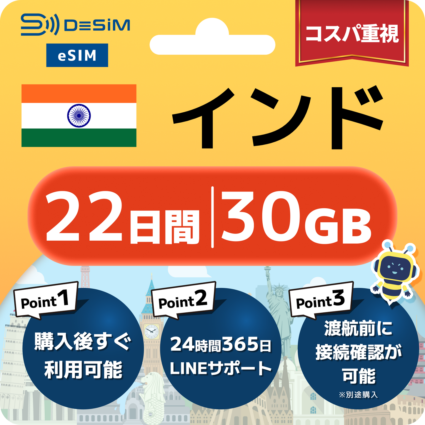 インド eSIM（21~30日間）500MB～50GB選択可能 即日開通 テザリング対応