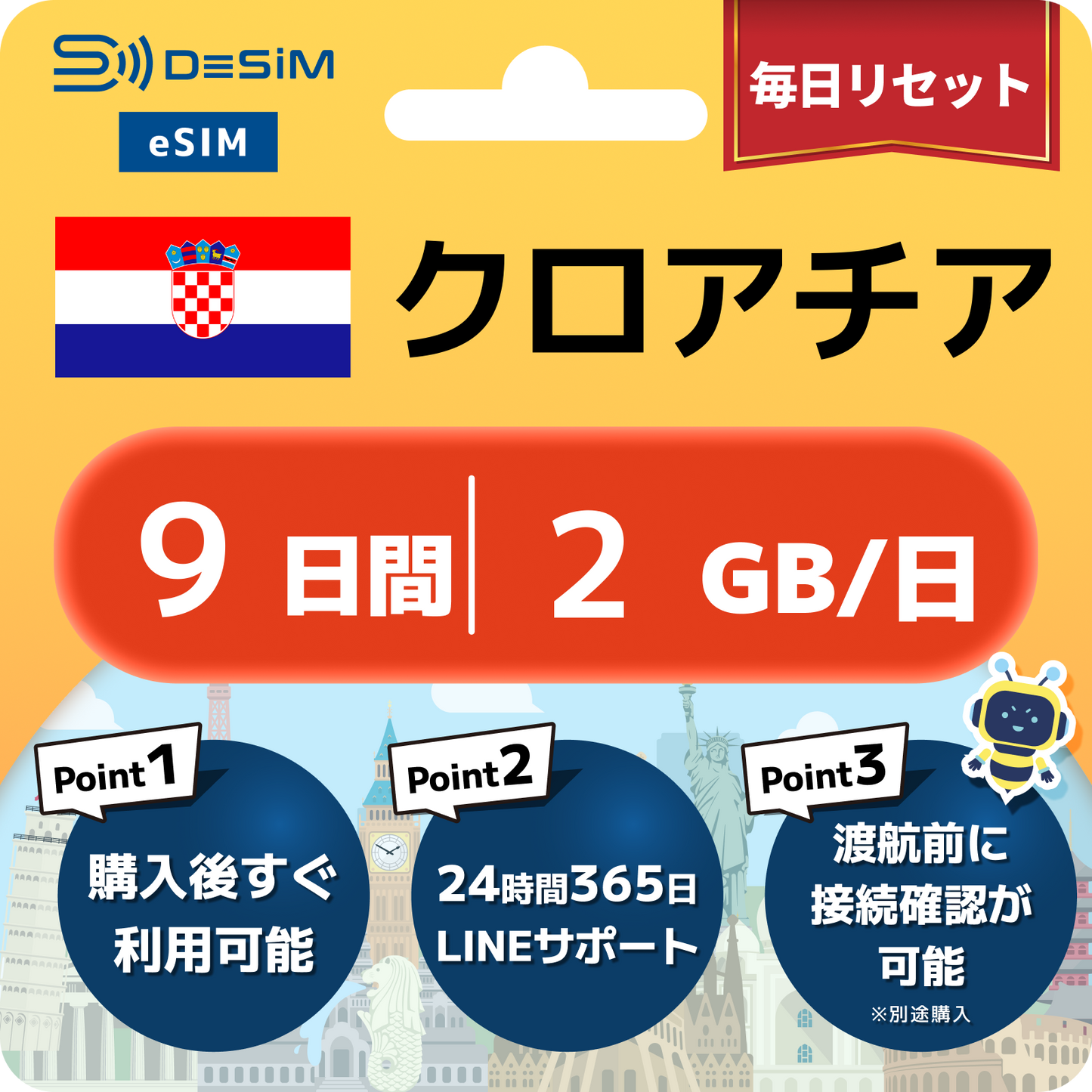 クロアチア eSIM（ 1~10日間）500MB～50GB選択可能 即日開通 テザリング対応