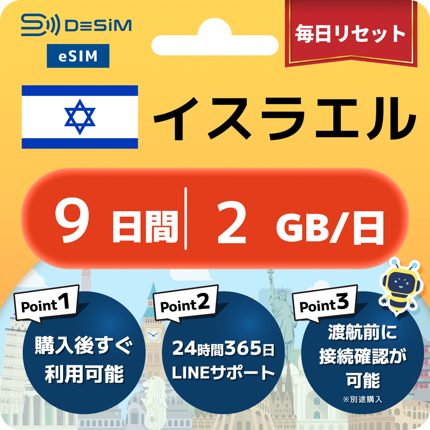 イスラエル eSIM（ 1~10日間）500MB～50GB選択可能 即日開通 テザリング対応